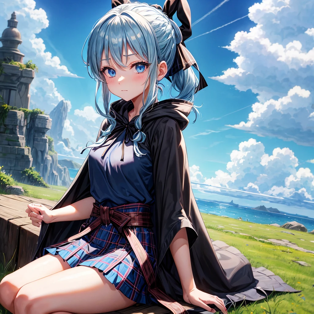 patina hair、blue eyes、Braid、ponytail、one good looking girl、solo、anime、Plaid miniskirt、camisole、black t-shirt、Tilting your face、Doing the ribbon、Ribbon at waist、cloak、Crystal Grotto、wearing a hood、look back、sitting、grass、clouds are swirling、the clouds are breaking through