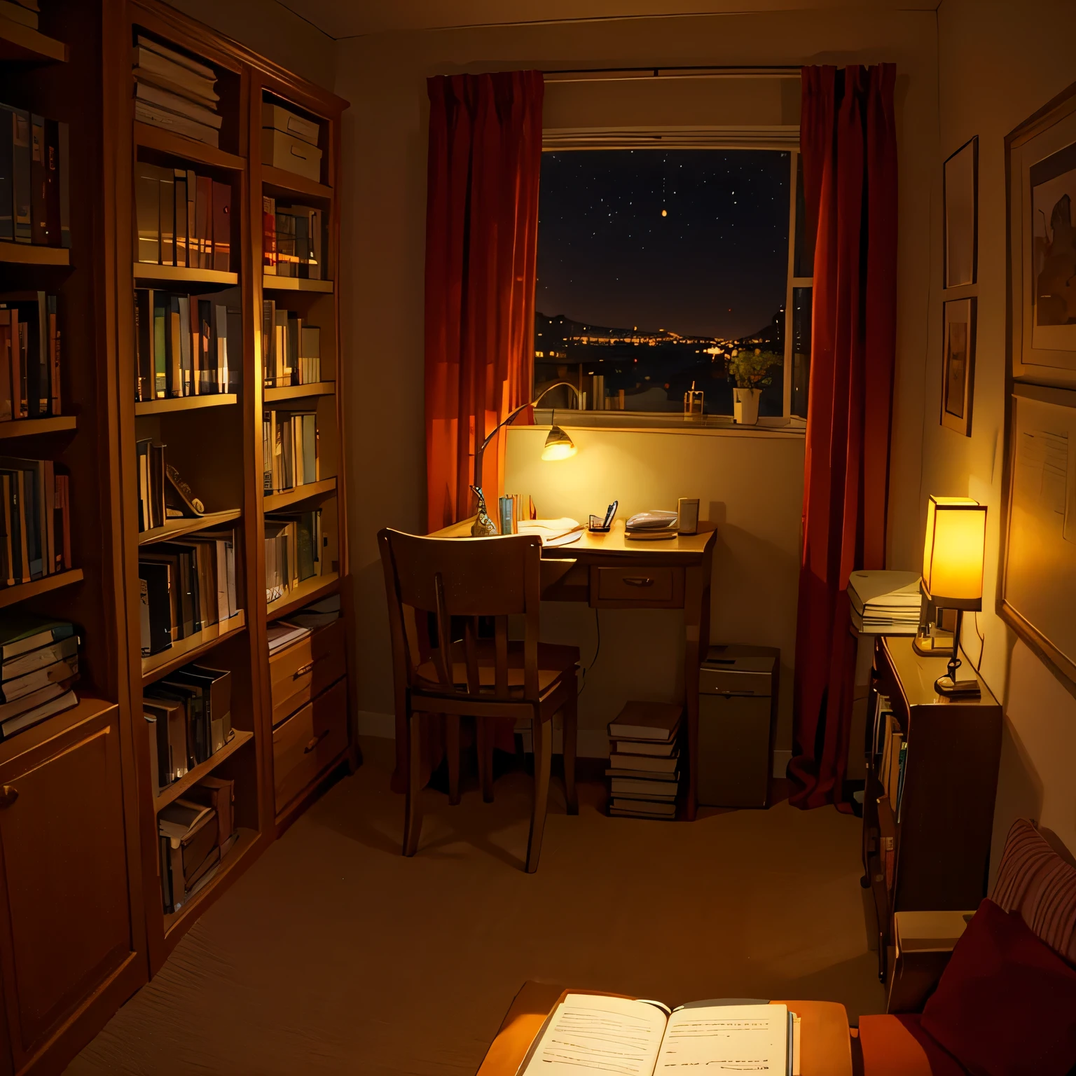 hestyle bedroom at night, colorful night, desk with study books