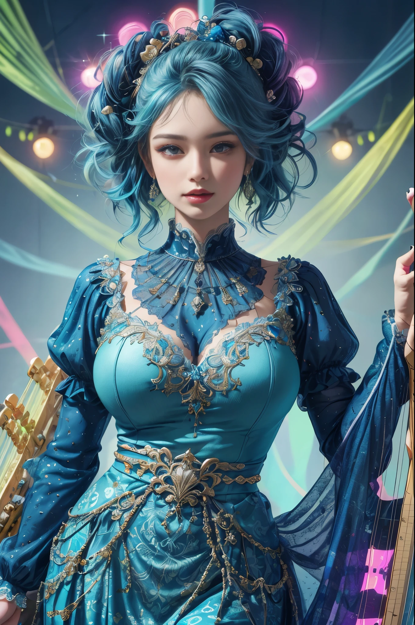 Unbeatable masterpiece, Ultra photo realsisim, Perfect artwork, Intricate details, Best quality, Strong light , High contrast, Dynamic pose, Dutch angle , ((Depth of field)) , 1girll , game character portrait , Colorful, Beautiful detailed eyes , Portrait ,Colorful , Translucent hair , (glowing inner hair) , the perfect appearance ,Dark blue hair , Green eyes , (bobcut:1.25) , Smile , (Black shawl:1.05) ,(luxury clothes:1.15) , lace elbow gloves , (Flat color) , (Sapphire necklace:1.2) , (White sheathed dress)(Licker:1.4) ,((Colorful hair)) , ((Striped hair)) ,Beautiful detailed eyes , (Gradient color eyes)((Colorful eyes))) , (((Colorful background))) , ((high saturated))) , full bodyesbian , (Chiaroscuro lighting:1.2) , ( Hand and foot:1.25) , High heels , Bare shoulders , upper legs , (colorful crystals:1.5) , (((Colorful background)) , Floating particles ,