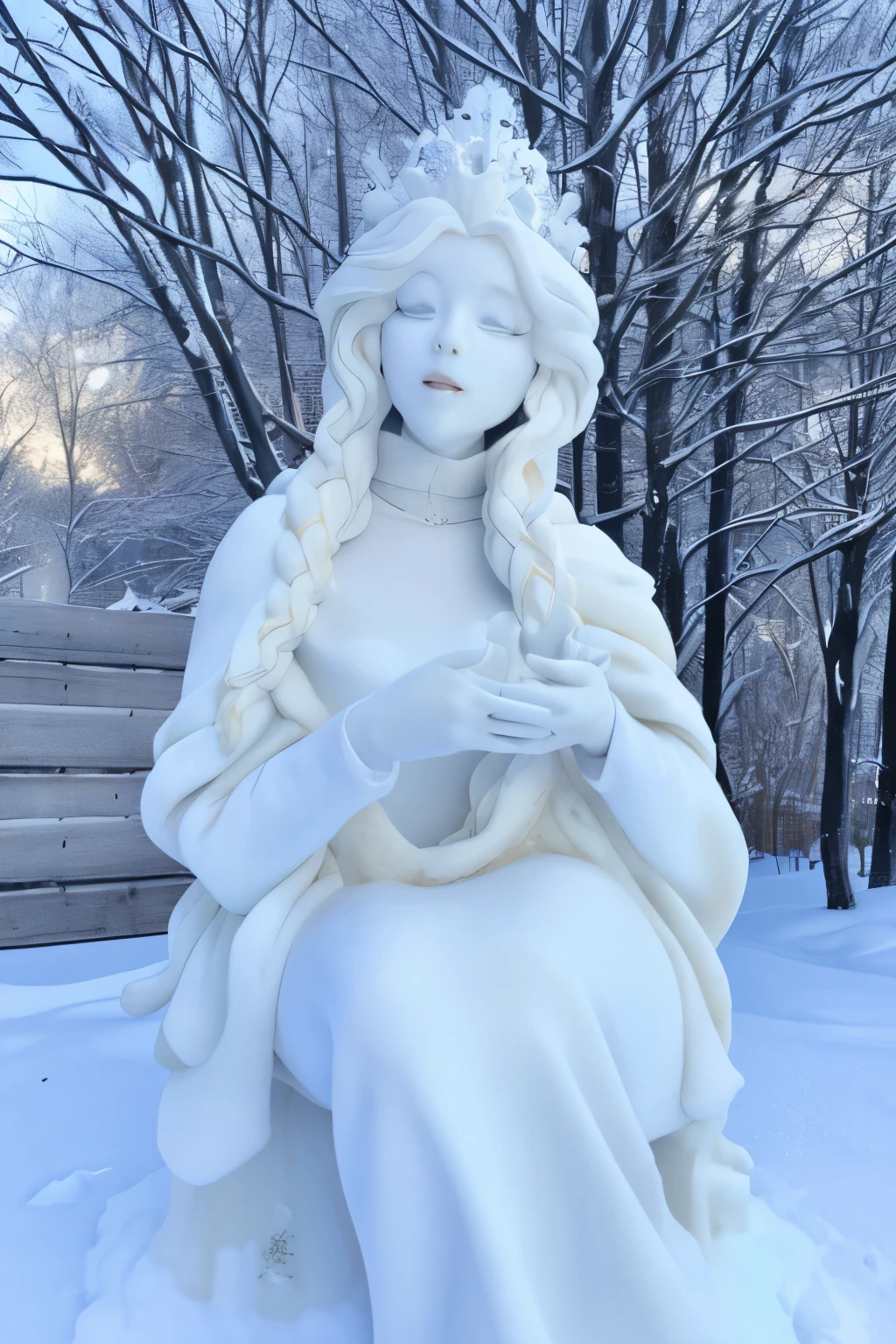 (best quality, ultra-high resolution, real, photorealistic:1.2, 8K), BREAK, there is a statue of a woman sitting on a bench in the snow, frozen like a statue, female made of ice, goddess of winter, pale snow white skin, frozen ice statue, statue of the perfect woman, with frozen flowers around her, queen of winter, statue of a perfect woman, anime barbie in white, carved in white marble, winter princess, white snow