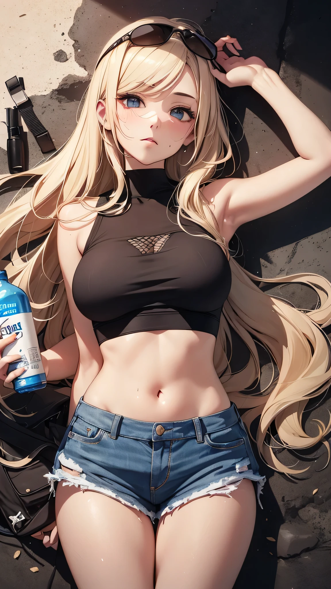 最high quality、best image quality、masterpiece、teenage girl((18-year-old、 By becoming、vest bust、medium bust,wide open breast tea、black eye, blonde hair、Habitual hair、long hair、thin,highest valley、blue shorts、Holding a plastic bottle、troubled face、heart tattoo、black aloha shirt、open your legs、sweating)),high quality、beautiful art、background((Hawaii、Waikiki、Palm tree、Hawaiiのホテル))debris flies、Depth of written boundary、movie、visual art、perfect art、8K,genuine