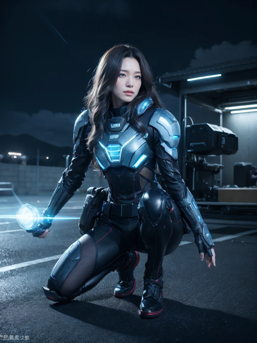 8K, highest quality, masterpiece, realistic, ultra detail,  photograph, HDR, High resolution, movie blue light, official art, High resolution, Depth of written boundary,(emits laser light), girl１name、20-year-old, medium long hair,Take a full body photo、action pose,Blue Universe,cloudy sky、spaceship、Starlight、thunder、Space Battleship