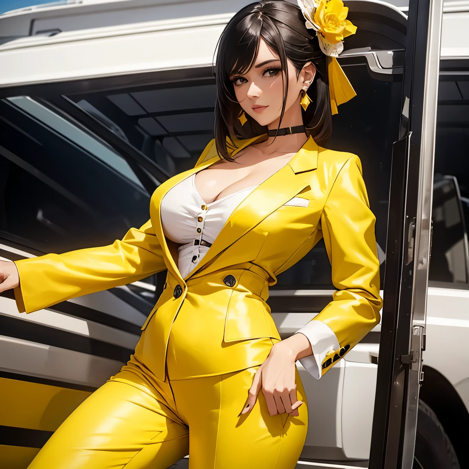 Sexy woman decked up as the boss lady and looked like a million bucks in a lemon-yellow pantsuit