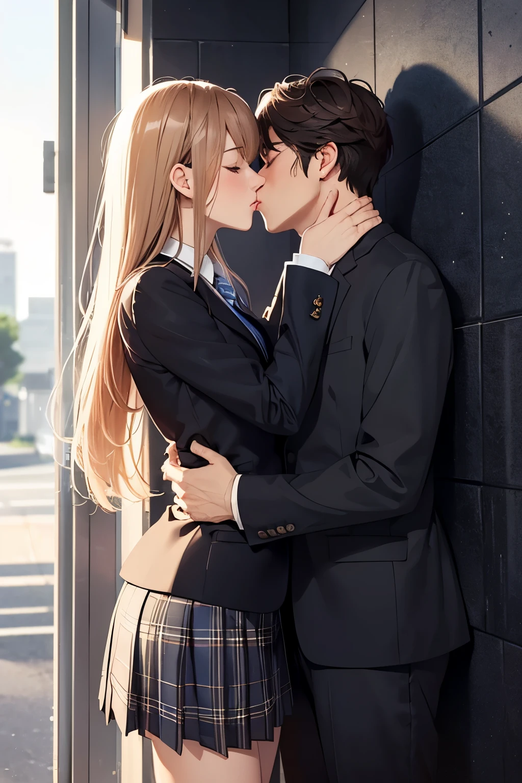 Background: Midnight Express Station, (top-quality, Best Quality), (1 Mature males, kiss),Left Hand Touch Wall, heterosexual, 1womanl, hug, middlebreasts,From Side, Cowboy Shot, BREAK, girl with, in a business suit , (Black Suit:1.1), White collared shirt, Blue tie, Tartan plaid skirt, Brown middle hair, Chestnut hair with tinted inside,split-color:1.25),Closed eyes, (Dreamy,Melty look:1.3).