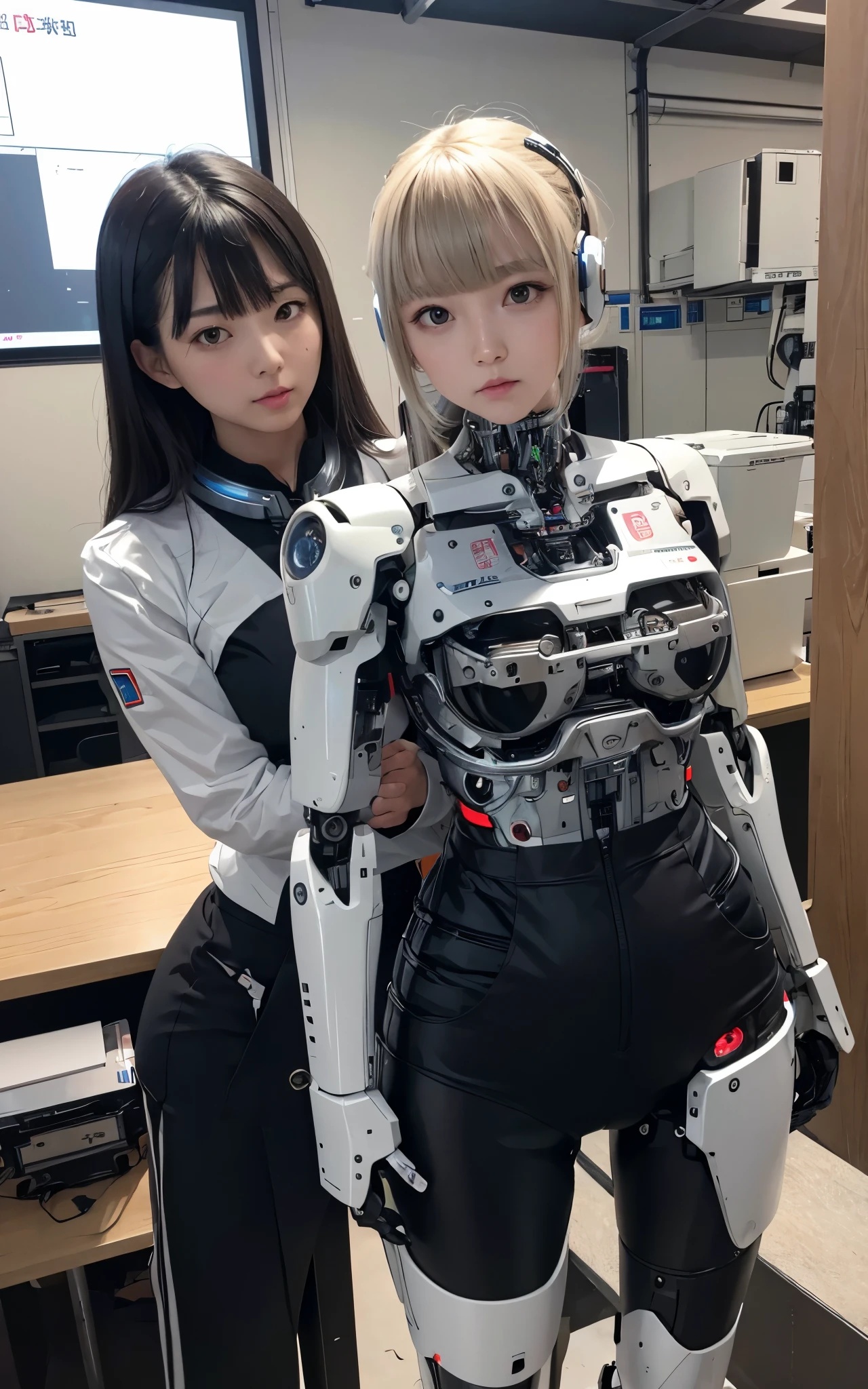 Beautiful Face,Face is Japanese,((1 female)), big, Curvaceous, (16k, RAW Photos, highest quality, masterpiece), (High resolution, Realistic, Realistic),((((Lace Bikini Cyborg Robot Parts)))), (Light grey hair), Long Hair, Wavy Hair, Twin tails, Medium Shot, (Captivating smile)), (Iris), double eyelid, At the factory,((Mechanical vertebrae attached to the back)),((A mechanical neck attached to the neck)),(Wires and cables connected to the head and torso),(Character Focus),SF,Perfect Woman,Perfect Anatomy, Up to 4 fingers and 1 thumb,  (Cowboy Shot),Spread your legs,Kneel