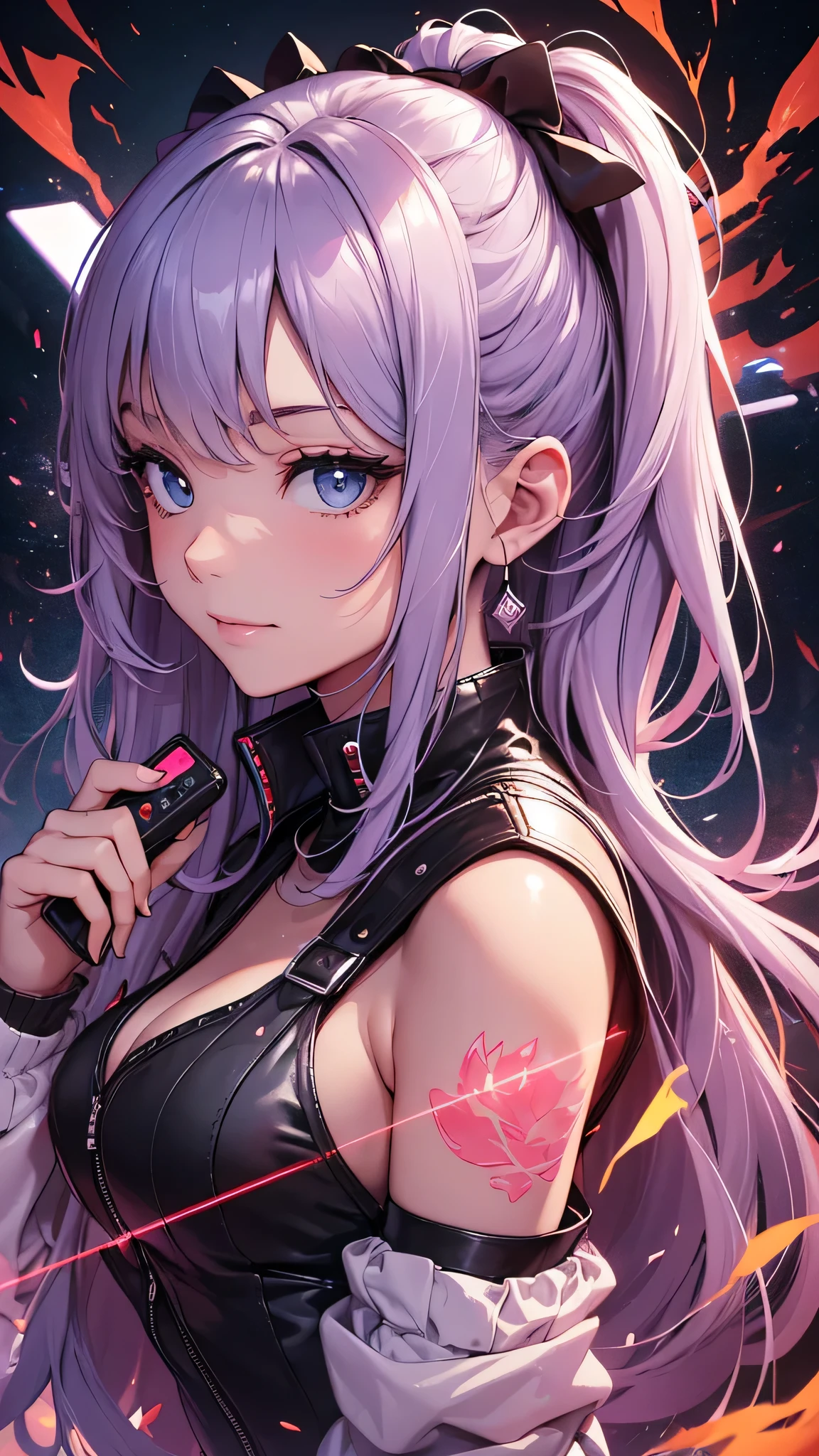 最high quality、best image quality、masterpiece、age girl((18-year-old、 By becoming、vest bust、medium bust,wide open breast tea、black eye, Glistening hair、Habitual hair、thin,highest valley、Have a smartphone、smug face、Holding a penlight、Virtual Fashion、look back at the whole body)),high quality、beautiful art、background((Large PV studio、Red laser、black virtual space))debris flies、Depth of written boundary、movie、visual art、perfect art、8K,genuine