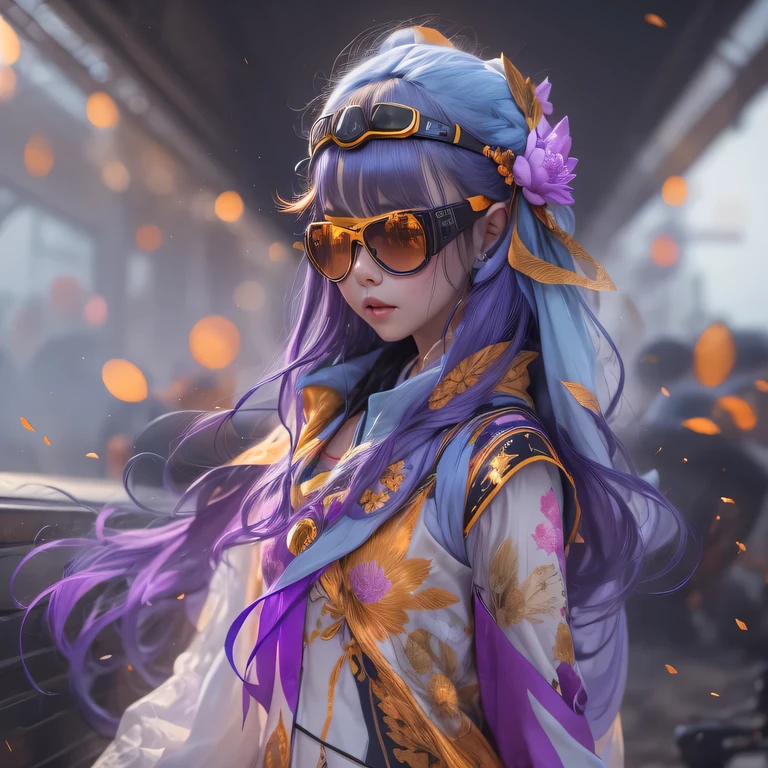 2679 Cyberpunk Year(masterpiece,HD,超HD,32k lotus root starch)Bright purple flowing hair,autumn pond, lotus root starch color, Asian (Michiko), (silk scarf), fighting stance, looking at the ground, Orange gradient long hair, ((Thick frame reflective jade windproof goggles))Floating bright purple, Fire cloud gold headdress, Chinese long-sleeved gold silk garment, (Abstract ink splash:1.2),mars background,lotus(realistically:1.4),bright purple hair,Smoke on the road,The background is very ivory、pure, high resolution, Detailed wind protection goggles, RAW photos lotus root starch, Sharp Re, Nikon D850 film photo by Jefferies Lee 4 Kodak Portra 400 camera F1.6 guns, rich and colorful, Super real、Vivid textures, dramatic lighting, Unreal Engine Art Station Trend, Silicon Nest 800,
