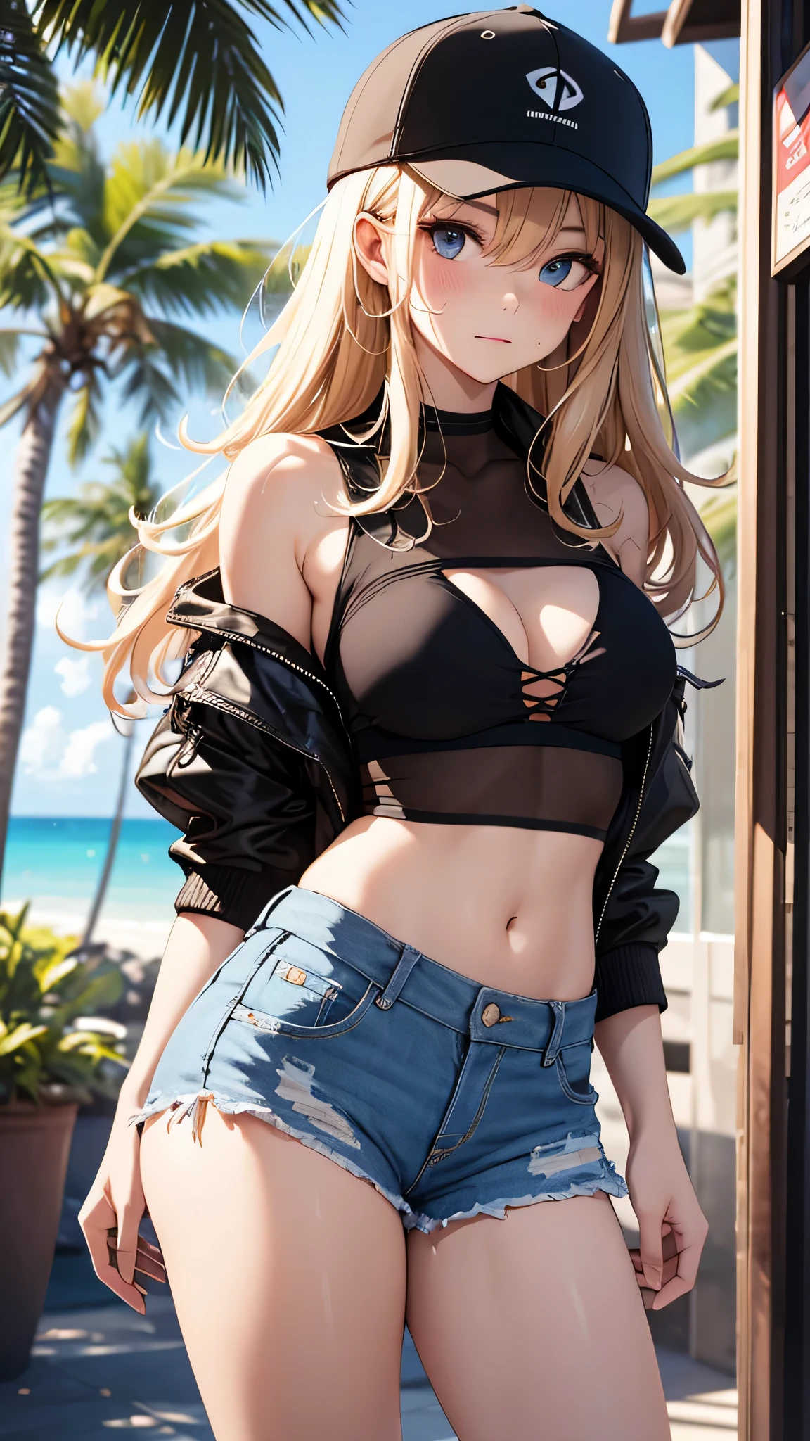 最high quality、best image quality、masterpiece、age girl((18-year-old、 By becoming、vest bust、medium bust,wide open breast tea、black eye, blonde hair、Habitual hair、long hair、thin,highest valley、blue shorts、Holding a plastic bottle、troubled face、heart tattoo、black aloha shirt、open your legs、sweating、base cap)),high quality、beautiful art、background((Hawaii、Waikiki、Palm tree、Hawaiiのホテル))debris flies、Depth of written boundary、movie、visual art、perfect art、8K,genuine