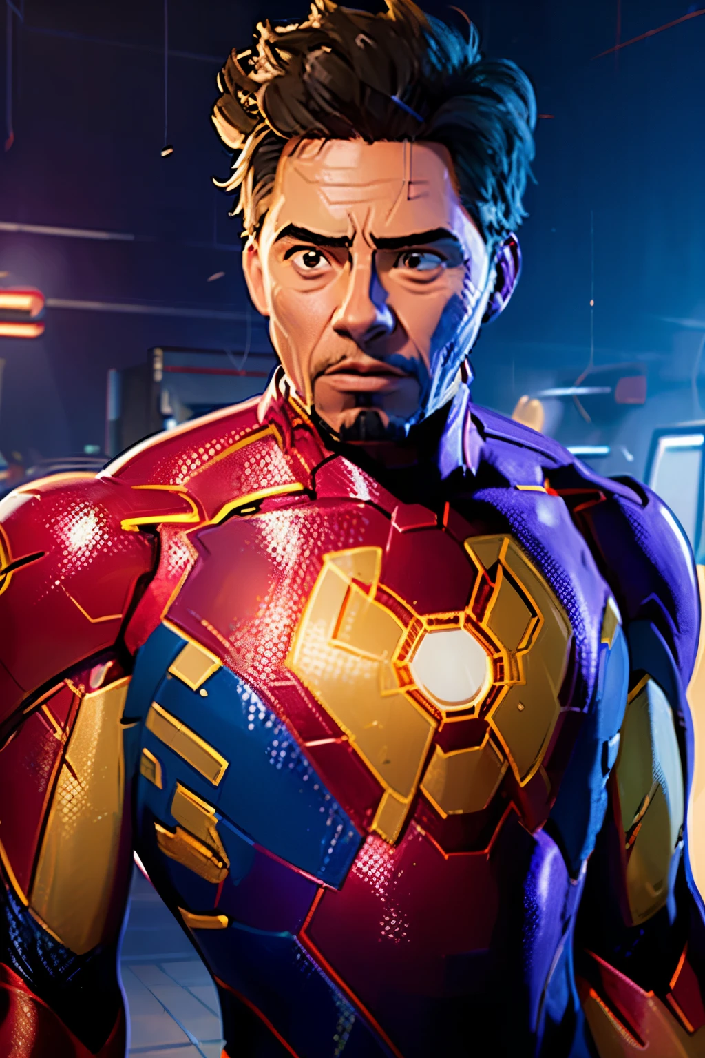 Marvel, Tony Stark (((wearing a Iron-Man Suit))), realistically, dynamic lights, old, gray stubble, full shoot, (extremely detailed CG unity 8k wallpaper), trending on ArtStation, trending on CGSociety, High Detail, Sharp focus, dramatic, photorealistic