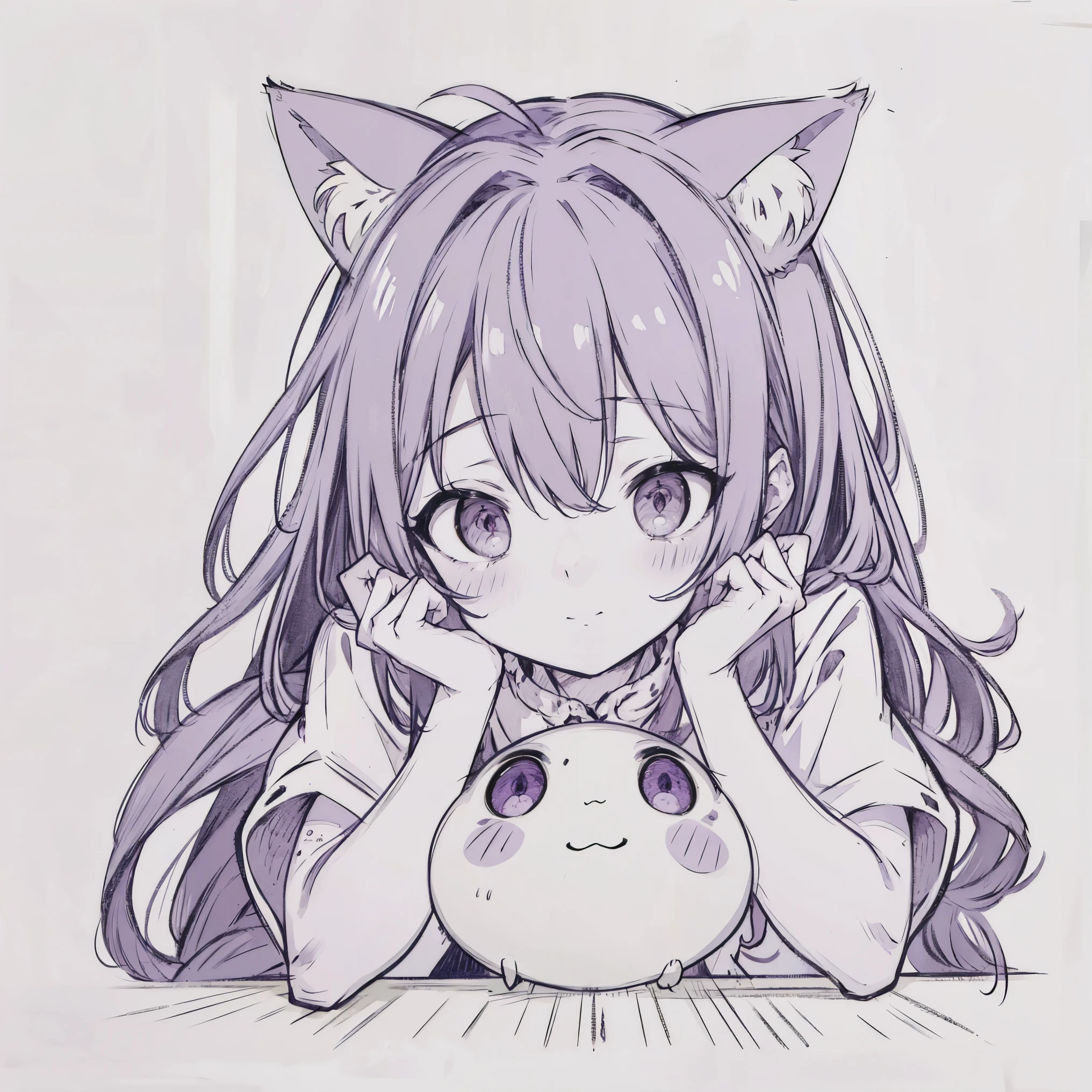 masterpiece, best quality, sketch, eyes visible through hair,cute, light blush, cute face, laughing, purple hair, cat ears, arm_support,  