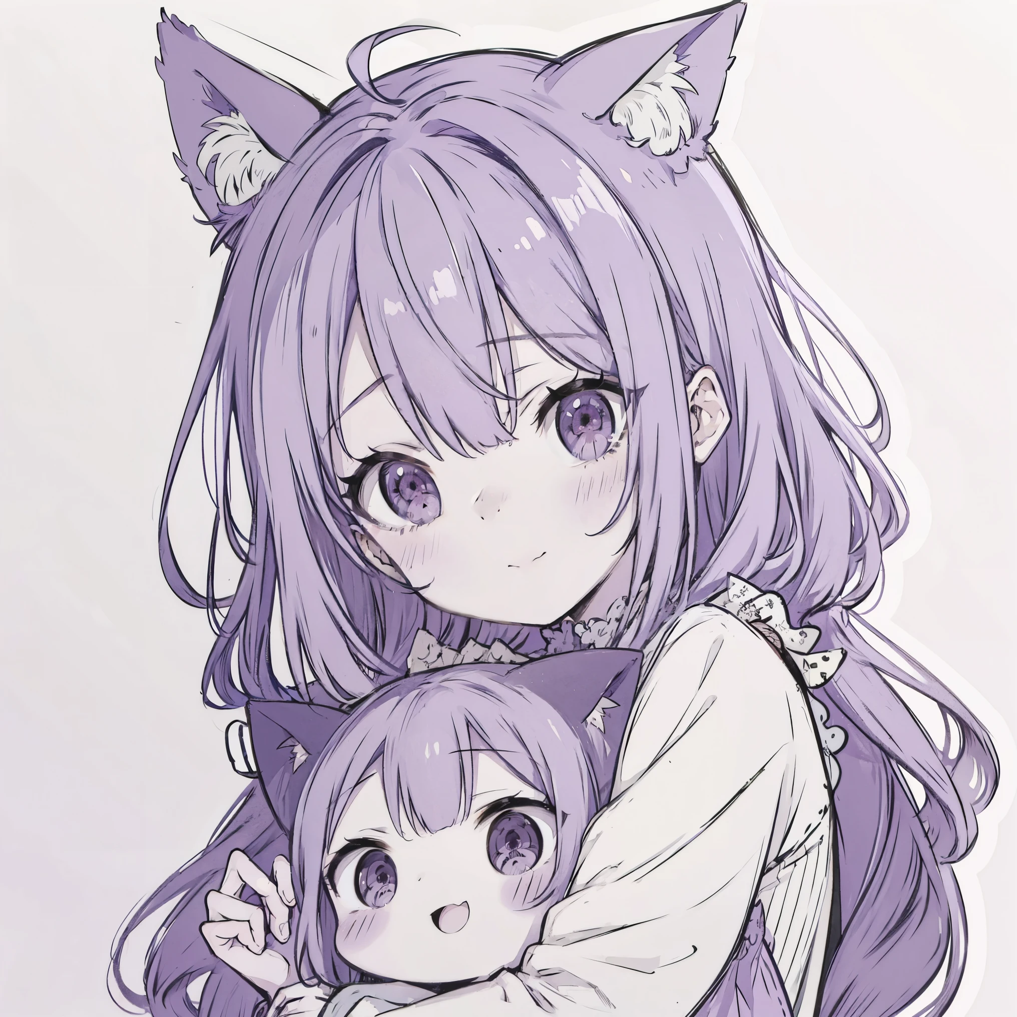 masterpiece, best quality, sketch, eyes visible through hair,cute, light blush, cute face, laughing, purple hair, cat ears, arm_support,  