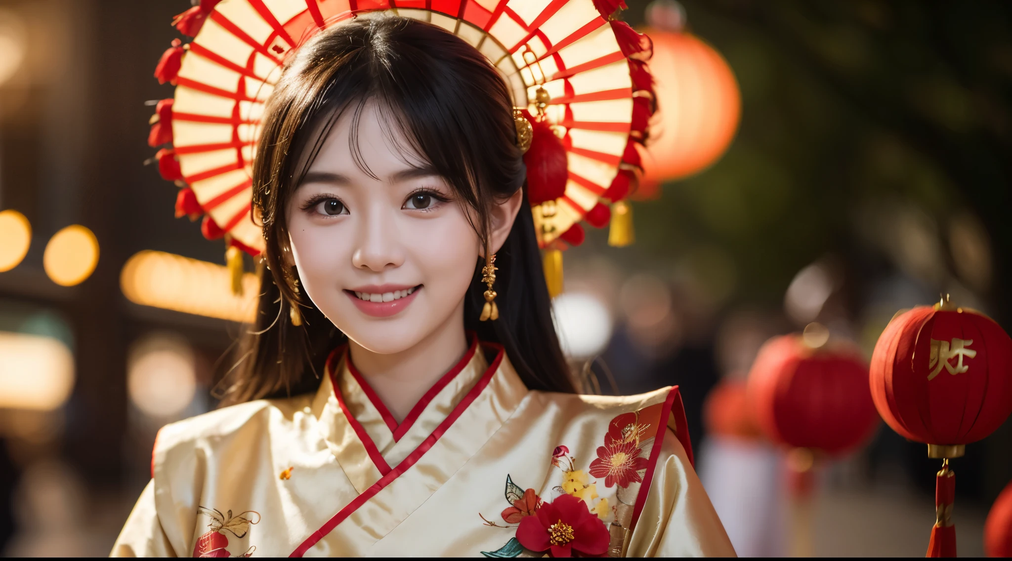 Chinese New Year costume, Portrait girl beautiful Bokeh Pelzval. 8K HDR, Photography. Smile cute. portrait pose