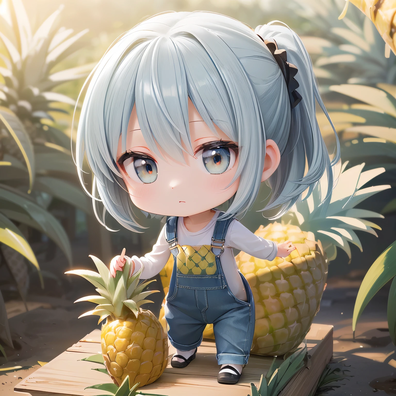 ((Chibi, pineapple,Sunshine,morning,denim,long sleeve overalls ,3DCG,1 girl: 1.5)), (Masterpiece, almond-shaped eyes, glossy white-blue hair, short chignon hair, top quality, carefully drawn Curved fingertips, beautiful anatomy: 1.4), (full body, upward gaze: 1.3), (red cheeks, indifferent, expressionless, hair waving in the wind: 1.2), (beautiful scenery background,I work in a beautiful farm where pineapples are produced. You will be entrusted with the task of harvesting and transporting pineapples from the farm.: 1.3)