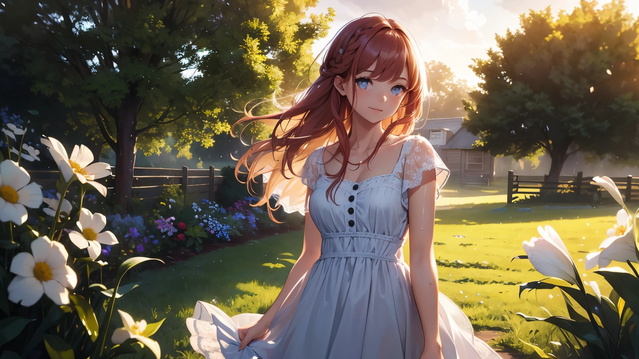 (masterpiece, best_quality:1.2), high resolution illustration, textile shading, extremely detailed CG unity 8k wallpaper, by yoneyama mai, by agm, by nixeu, cel shading, souryuu_asuka_langley, solo, serene smile, gentle expression, detailed beautiful face, blue eyes, perfect detailed eyes, strong will, red hair, intricate details hair, hair billowing in the gentle breeze, (perfect hands, perfect anatomy), upper body, (off shoulder), feminine, white detailed sundress, lace,golden hour,god rays, sunbeam,vanishing point,high chroma,chromatic_aberration,HQ, summer, blue sky, sun, dynamic angle, bokeh,