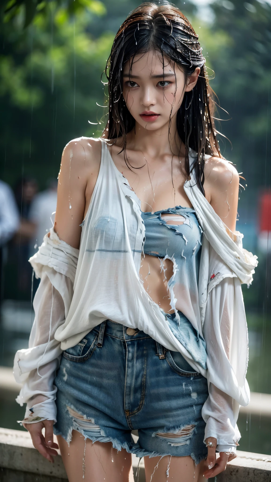 best picture quality, masterpiece, ultra high resolution, (fidelity :1.4), photo, 1 girl,[(sad)],White shirt, dim, dark, desperate, pitying, Pitiful, Normal,tears,tearsdrop,(torn clothes:1.5), (wet clothes:1.4), bare shoulders,True Rain,wet hair,..