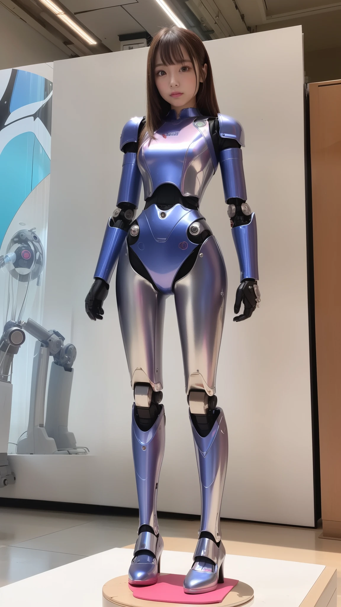 Robot Girl, pink there, Silver, Metallic body, Robot Parts, Metal Parts, Super Detailed Face, Super well-formed face, of the highest quality, a small face, a small head, Brown hair, Slender body, Camera gaze, Internal Mechanical Exposure, Idol, front facing, Well-proportioned body, sale, Exhibited, Event Hall, Moe Pose, pink metallic Lolita dress machine armor, Standing with legs open, Model body type, sad, Embarrassing,(Perfect Robot Girl),(Perfect machine body)