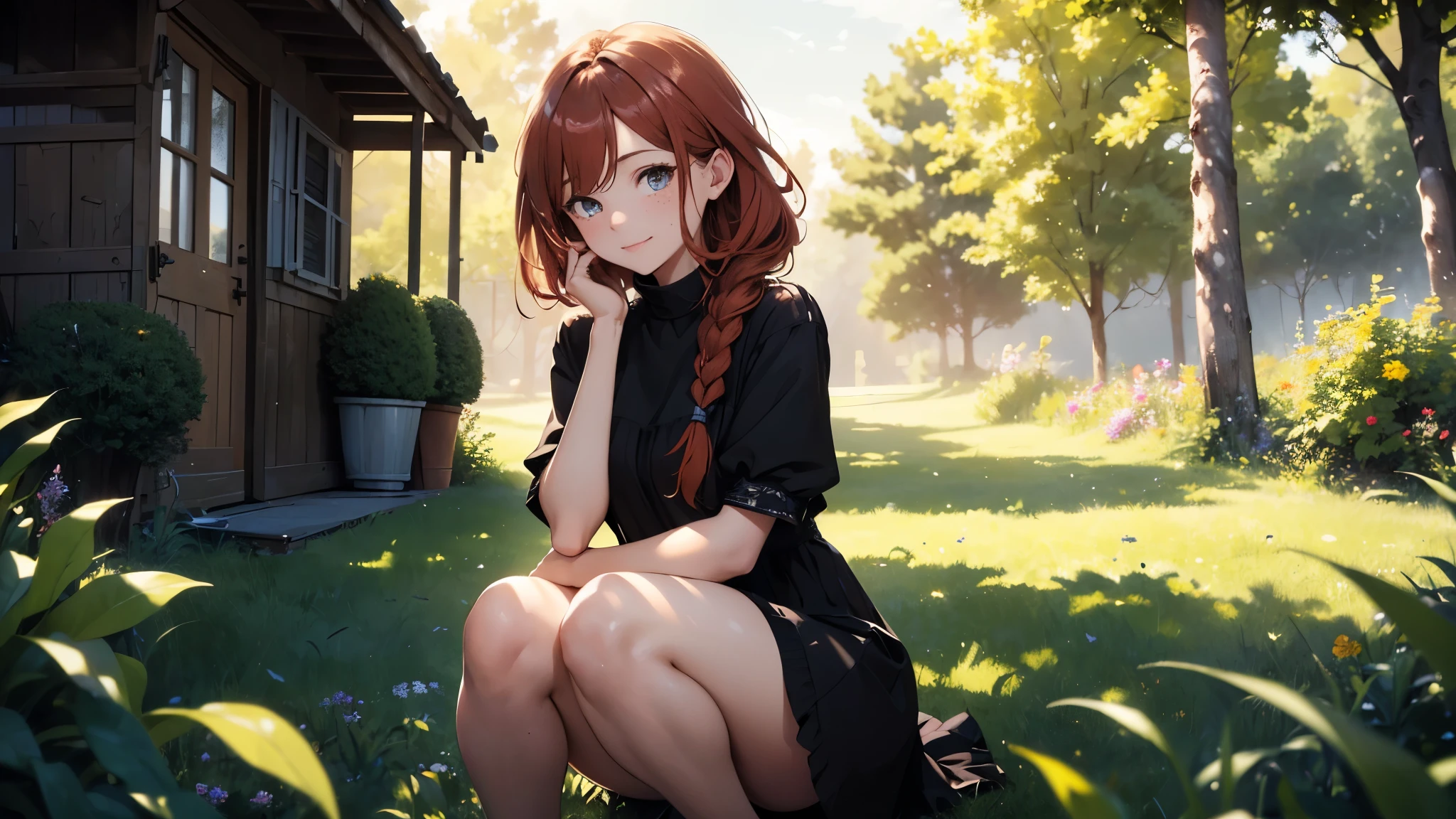 ((masterpiece,best quality,ultra detailed,ultra high res,detailed country yard background)), soft realistic focus, dynamic shadows, realistic image, vibrant colors,light leaks,dreamy atmosphere,chiaroscuro,BREAK
experimental charm, The girl is depicted in full growth, you see the girl from head to toe, nostalgic appeal, country girlfriend, she take you with yourself, simple open short dress, soft mischievous smile, freckles, shiny light red hair, she will take your hand, thick braids, slow chill electronic music