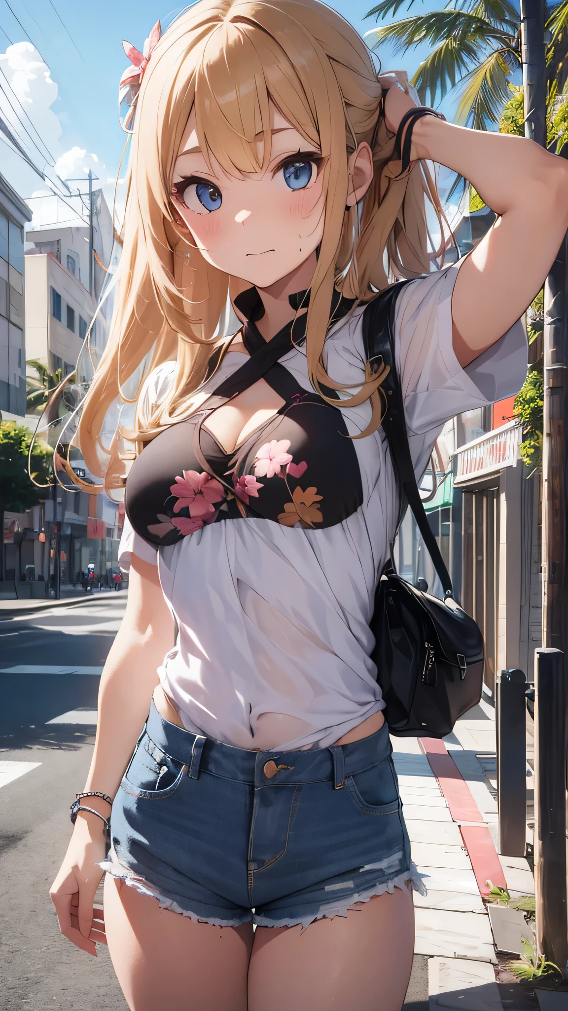 最high quality、best image quality、masterpiece、teenage girl((18-year-old、 By becoming、vest bust、???????????,wide open ?????? tea、black eye, blonde hair、Habitual hair、long hair、thin,highest valley、blue shorts、Holding a plastic bottle、troubled face、heart tattoo、black aloha shirt、open your legs、sweating、base cap)),high quality、beautiful art、background((Hawaii、Waikiki、Palm tree、Hawaiiのホテル))debris flies、Depth of written boundary、movie、visual art、perfect art、8K,genuine