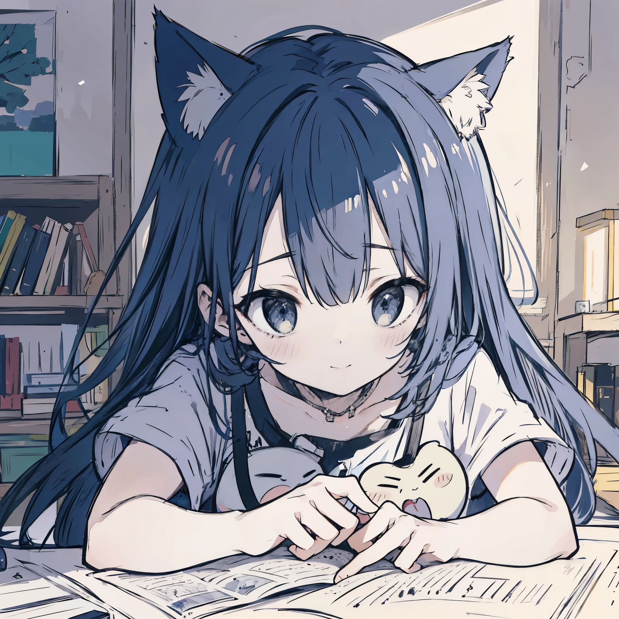 masterpiece, best quality, sketch, eyes visible through hair,cute, light blush, cute face, laughing, dark blue hair, cat ears, arm_support,  
