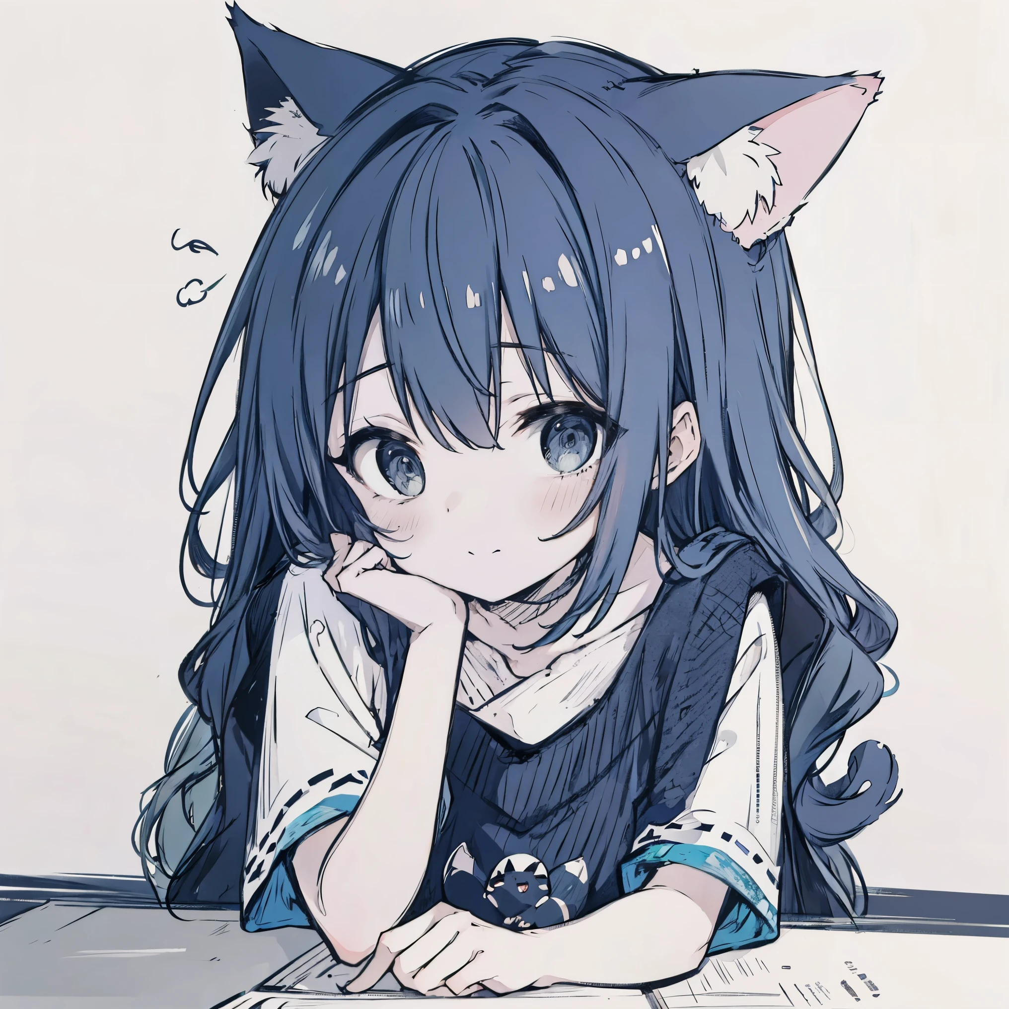 masterpiece, best quality, sketch, eyes visible through hair,cute, light blush, cute face, laughing, dark blue hair, cat ears, arm_support,  