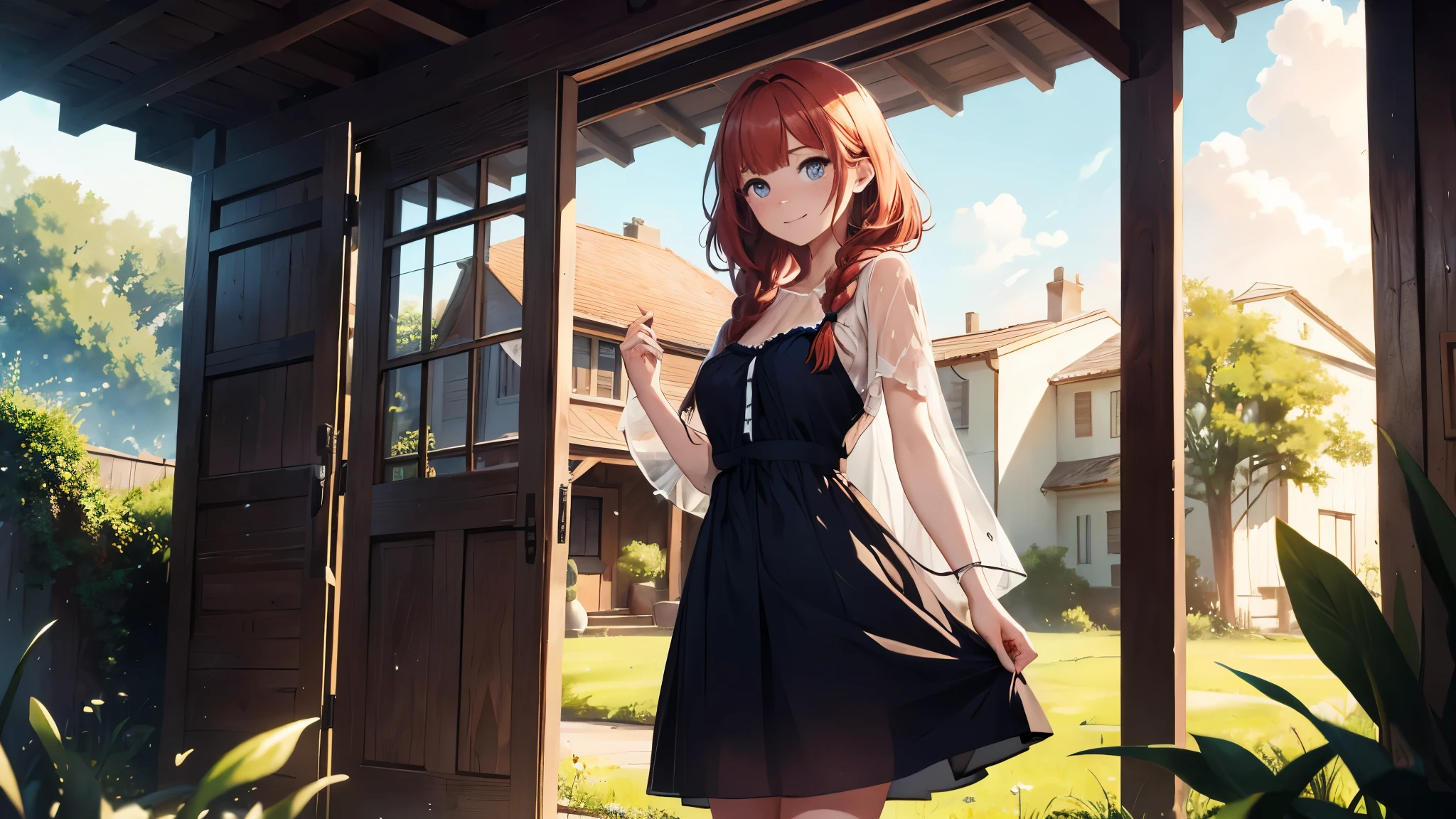 ((masterpiece,best quality,ultra detailed,ultra high res,detailed country yard background)), soft realistic focus, dynamic shadows, realistic image, vibrant colors,light leaks,dreamy atmosphere,chiaroscuro,BREAK 
experimental charm, The girl is depicted in full growth, you see the girl from head to toe, nostalgic appeal, country girlfriend, she take you with yourself, simple open short dress, soft mischievous smile, freckles, shiny light red hair, she will take your hand, thick braids,  fresh and romantic morning, spring coolness, light cold rain, the dress is wet from the rain and is see-through, dress see-through