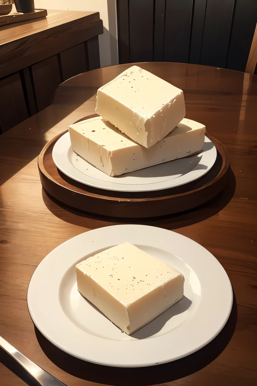 a piece of butter on a plate, wooden table, 4k, medium shot, winter