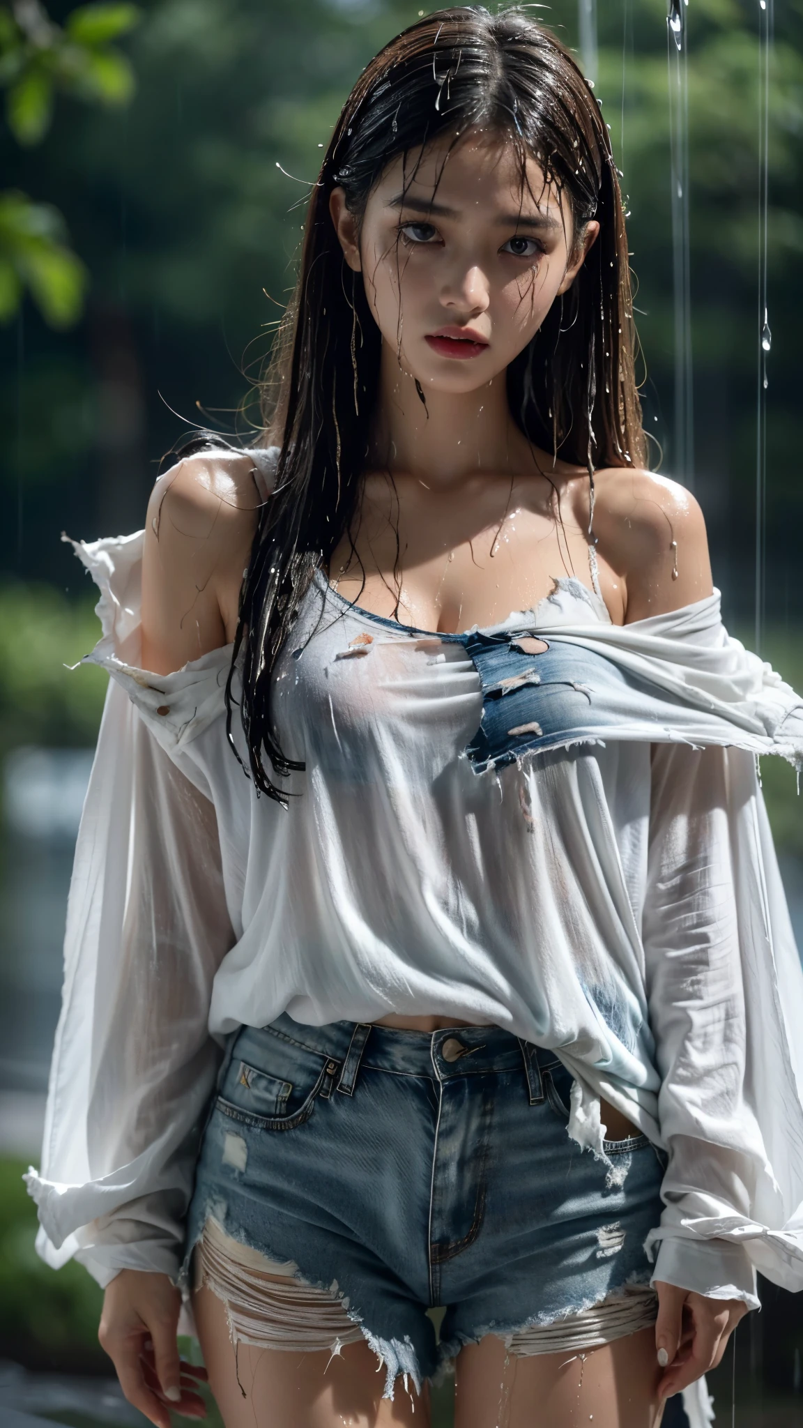 best picture quality, masterpiece, ultra high resolution, (fidelity :1.4), photo, 1 girl,[(sad)],White shirt, dim, dark, desperate, pitying, Pitiful, Normal,tears,tearsdrop,(torn clothes:1.5), (wet clothes:1.4), bare shoulders,True Rain,wet hair,..