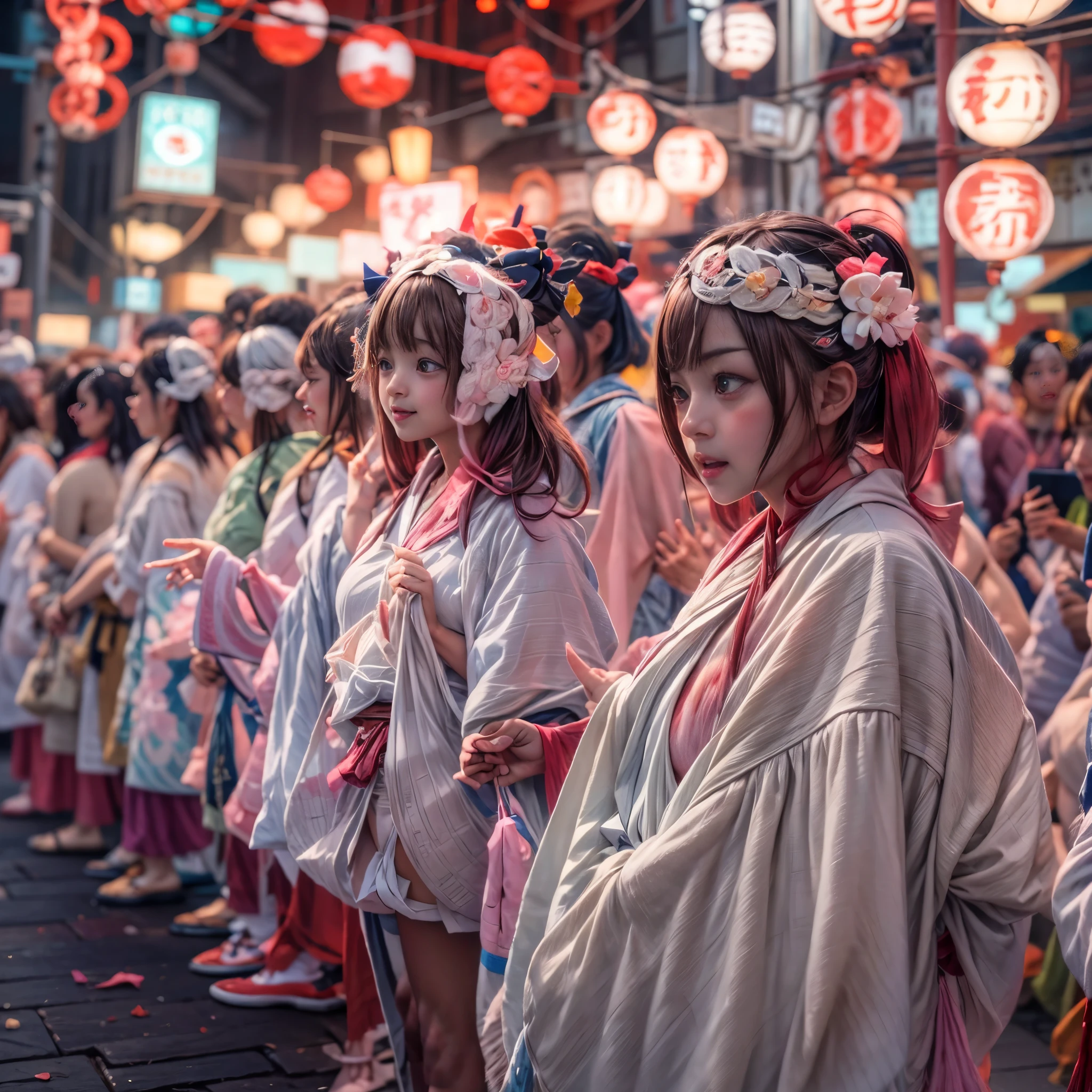 ((bokeH, Acutance:0.85, ultra-detailed:1.35)), (((from below))) . The background is the downtown area at (Twilight:1.4), (((Red-dyed clouds above hed:1.3))), { The Sky takes up more than third of the composition | (many colorful Lights:1.2) | lens flare | Burning | Haze | (luminous Particles) | Mystic sight | God rays | Lightning }, { Underboob | Oiled ivory skin | FullBody:1.2 } . (Masterpiece:1.2) of professional Analog photo with (Hasselblad), (((UltraRealistic and Photorealistic with touch of rawness:1.37, Volumetric lighting))) . ((( A group photo of KAWAII girls in WHITE Fundoshi, at Hakata Gion Ymakasa Festival ))), ((Extremely detailed KAWAII face variations)) . ???????? with looking ahead .