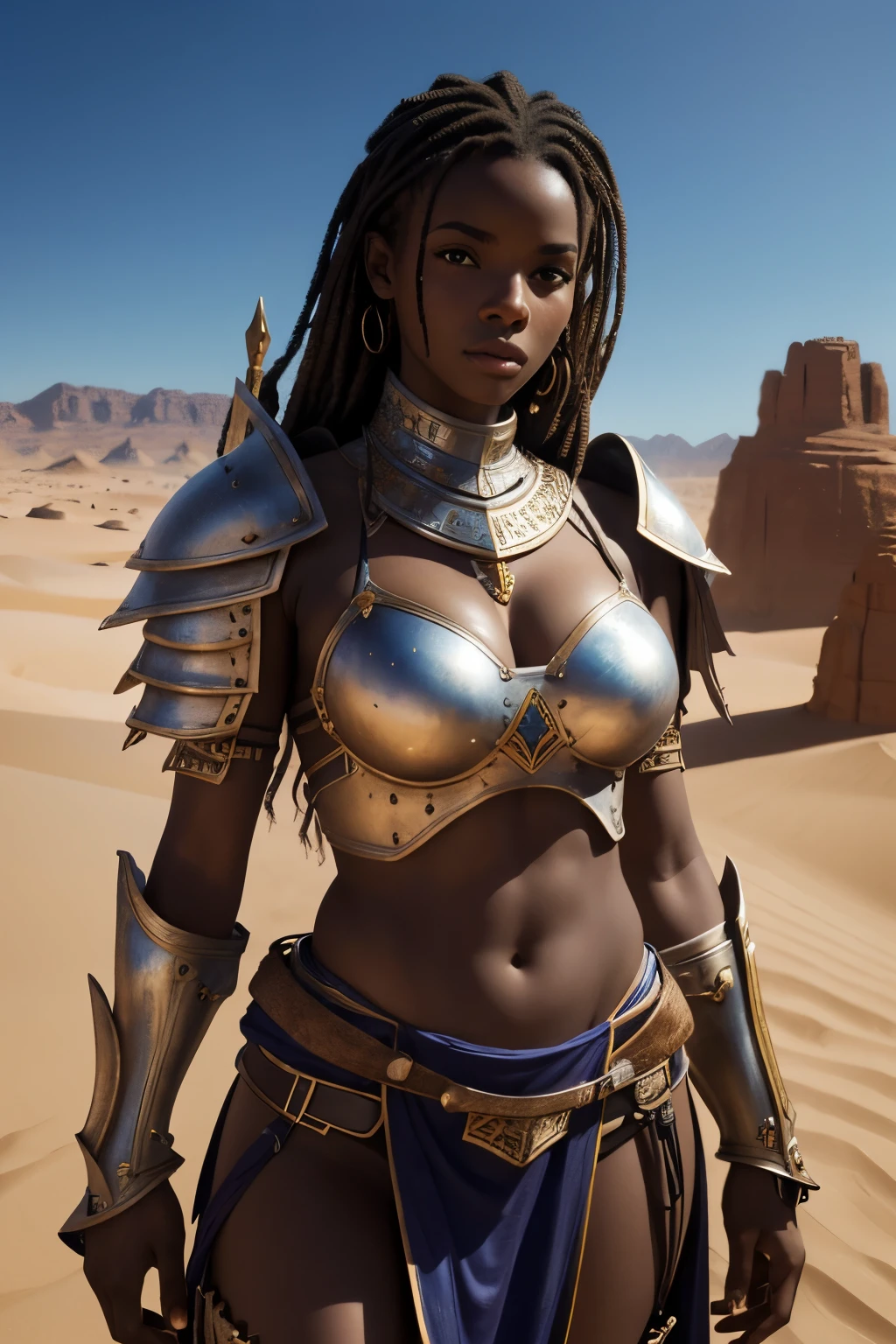 (best quality,highres),africa america girl,medieval armor,desert,holding a sworld,ultra-detailed,realistic,vivid colors,concept artists,sharp focus,physically-based rendering