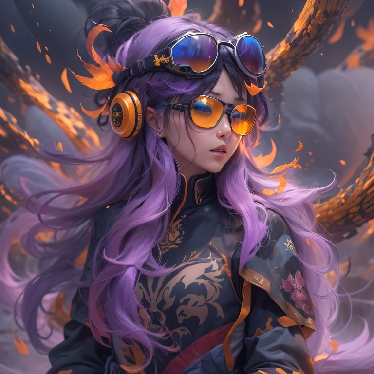 2679 Cyberpunk Year(masterpiece,HD,超HD,32k lotus root starch)Bright purple flowing hair,autumn pond, lotus root starch color, Asian (Michiko), (silk scarf), fighting stance, looking at the ground, Orange gradient long hair, ((Thick frame reflective jade windproof goggles))Floating bright purple, Fire cloud gold headdress, Chinese long-sleeved gold silk garment, (Abstract ink splash:1.2),mars background,lotus(realistically:1.4),bright purple hair,Smoke on the road,The background is very ivory、pure, high resolution, Detailed wind protection goggles, RAW photos lotus root starch, Sharp Re, Nikon D850 film photo by Jefferies Lee 4 Kodak Portra 400 camera F1.6 guns, rich and colorful, Super real、Vivid textures, dramatic lighting, Unreal Engine Art Station Trend, Silicon Nest 800,