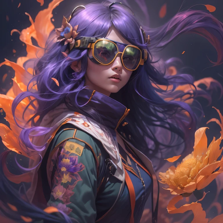 2679 Cyberpunk Year(masterpiece,HD,超HD,32k lotus root starch)Bright purple flowing hair,autumn pond, lotus root starch color, Asian (Michiko), (silk scarf), fighting stance, looking at the ground, Orange gradient long hair, ((Thick frame reflective jade windproof goggles))Floating bright purple, Fire cloud gold headdress, Chinese long-sleeved gold silk garment, (Abstract ink splash:1.2),mars background,lotus(realistically:1.4),bright purple hair,Smoke on the road,The background is very ivory、pure, high resolution, Detailed wind protection goggles, RAW photos lotus root starch, Sharp Re, Nikon D850 film photo by Jefferies Lee 4 Kodak Portra 400 camera F1.6 guns, rich and colorful, Super real、Vivid textures, dramatic lighting, Unreal Engine Art Station Trend, Silicon Nest 800,