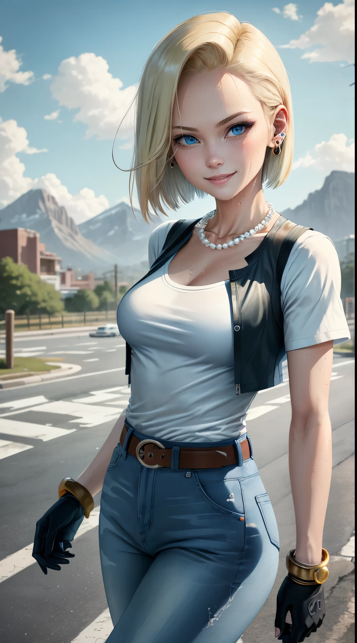 best quality, highres, and18, 1girl, android 18, solo, blonde hair, blue eyes, belt, blue jeans, pearl_necklace, bracelet, black gloves, white shirt, short hair, short sleeves, earrings, blue pants, open vest, black vest, medium breasts, cowboy shot, street, straight-on, (weather: windy), wet clothes, sexy smile, mountain view, walking,