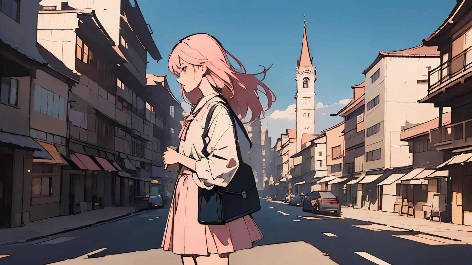 highest quality,masterpiece,8k wallpaper, flat color, limited pallete, low contrast, (clear lines)disorganized, High resolution, Super detailed, (1 young beautiful girl, alone:1.1),micro skirt,shadow puppet,cityscape, Skyscraper,East_Asian, profile, looking far away, Samishige, Solid background color, pale pink