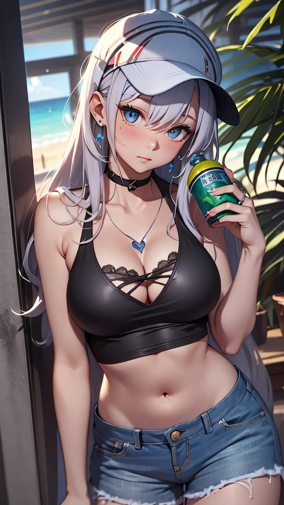 最high quality、best image quality、masterpiece、age girl((18-year-old、 By becoming、vest bust、medium bust,wide open breast tea、black eye, blonde hair、Habitual hair、long hair、thin,highest valley、blue shorts、Holding a plastic bottle、troubled face、heart tattoo、black aloha shirt、open your legs、sweating、base cap)),high quality、beautiful art、background((Hawaii、Waikiki、Palm tree、Hawaiiのホテル))debris flies、Depth of written boundary、movie、visual art、perfect art、8K,genuine