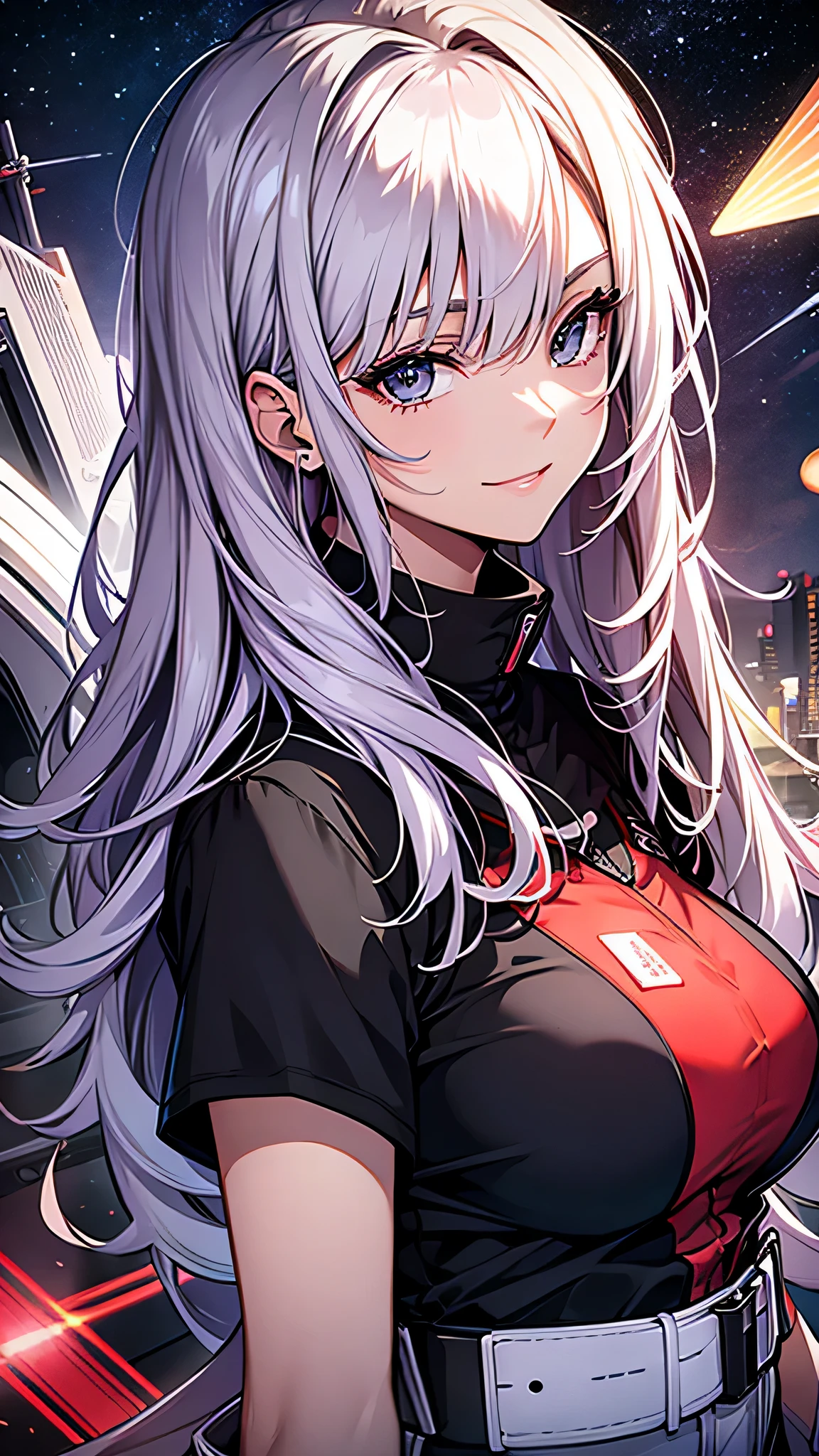 最high quality、best image quality、masterpiece、teenage girl((18-year-old、 By becoming、vest bust、medium bust,wide open breast tea、black eye, Glistening hair、Habitual hair、thin,highest valley、Have a smartphone、smug face、Holding a penlight、Virtual Fashion、look back at the whole body)),high quality、beautiful art、background((Large PV studio、Red laser、black virtual space))debris flies、Depth of written boundary、movie、visual art、perfect art、8K,genuine