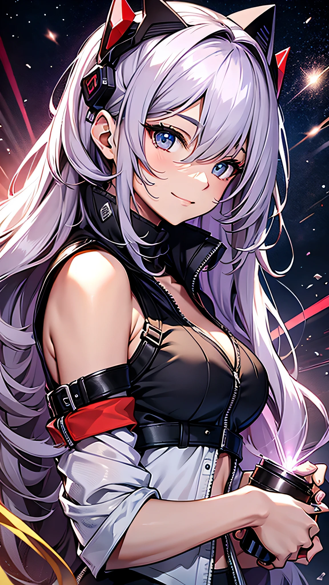 最high quality、Best image quality、masterpiece、girl((18-year-old、 By becoming、Best Bust、Medium Bust,Wide open breast tea、Red glowing eyes,Silver Hair、Disheveled Hair、Long Hair、thin,The highest valley、Open chest、Luminous Wristbands、smile、hair ornaments、luminous necklace、Black sleeveless hoodie(1:2)、Blue short skirt、Angle from directly above、Disheveled clothing、Show the whole body,Cutting quickly)),high quality、Beautiful art、background((Cosmic))、Flight、Flying debris、Written boundary depth、movie、Visual Arts、Perfect art、8K,Genuine、