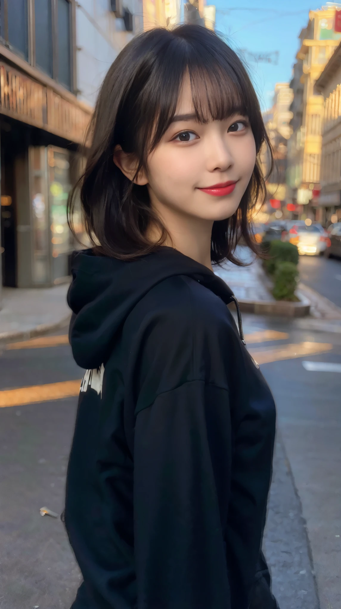 highest quality, Real sticks, super detailed, finely, High resolution, In 8K、wallpaper, perfect dynamic composition, beautiful and fine eyes, black hoodie, bob hair, medium hair, bangs, black haired, middle of chest, natural color lip, The orientation of the body is frontal,smile,Tower Mansion
