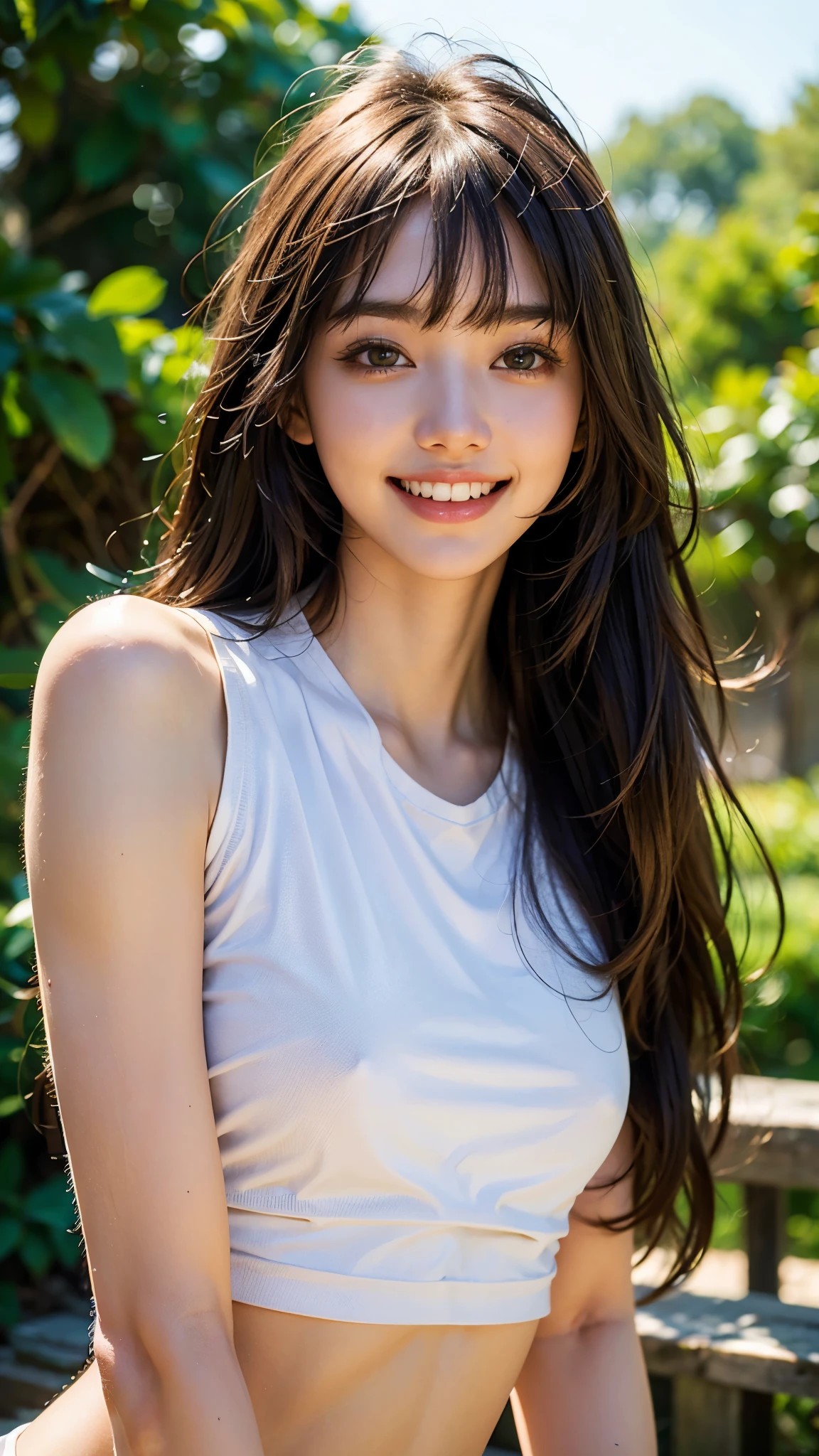 highest quality, masterpiece, ultra high resolution, (realistic:1.4), (close portrait) RAW photo, 1 girl, 22 years old,wink,((Whitening))slender body,medium chest,((white jersey top and bottom)),((long hair with straight bangs)),((Pulling up your hair)),((looking up at the viewer)), realistic pictures,((toothy smile)),