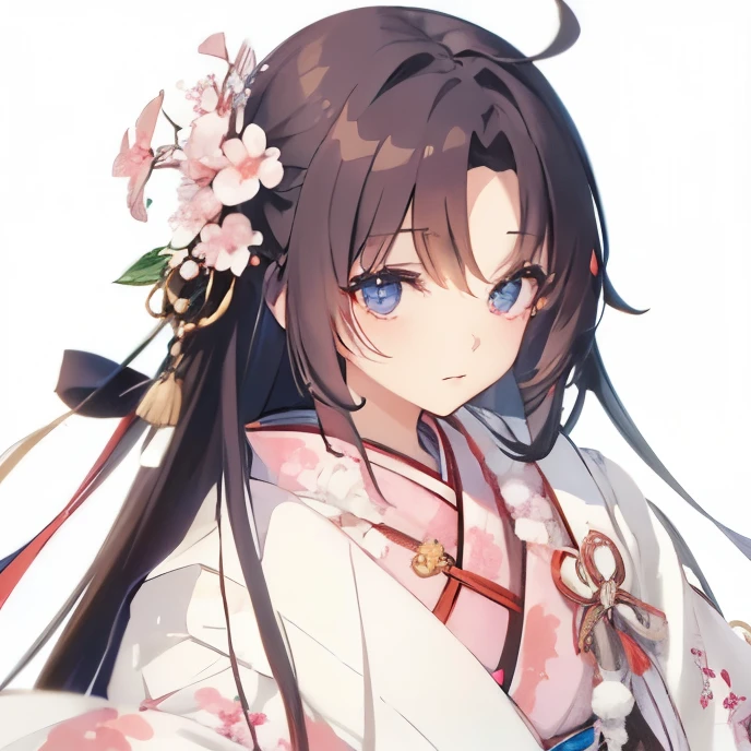 Yamato Nadeshiko、Woman in Kimono、adult woman、Kimono based on white、pale cherry blossom kimono、long flaxen hair、cool woman、magic effect、blue eyes、White flower hair ornament、cool look、narrowed eyes、melancholy eyes、Ambivalence、