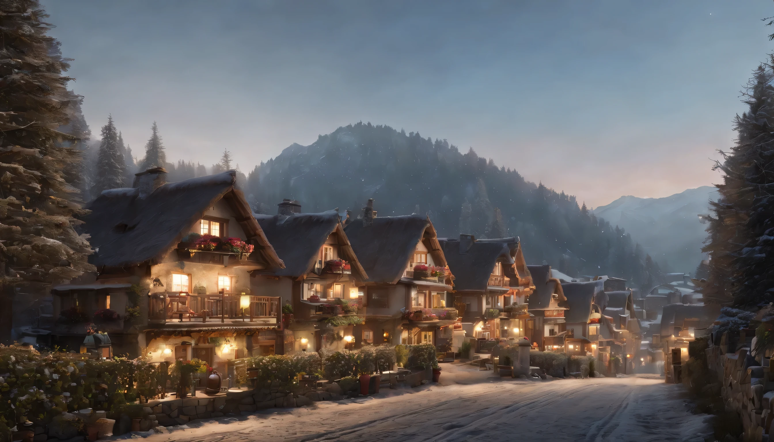 (Highly detailed CG Unity 8K wallpaper、masterpiece、highest quality、Super detailed)、(best lighting、best shadow、very delicate and beautiful)、highest quality、8K、Detailed facial depiction、masterpiece、highest quality、clear image quality、Cute houses lining the alleys of a small snow-covered village々々landscape photography