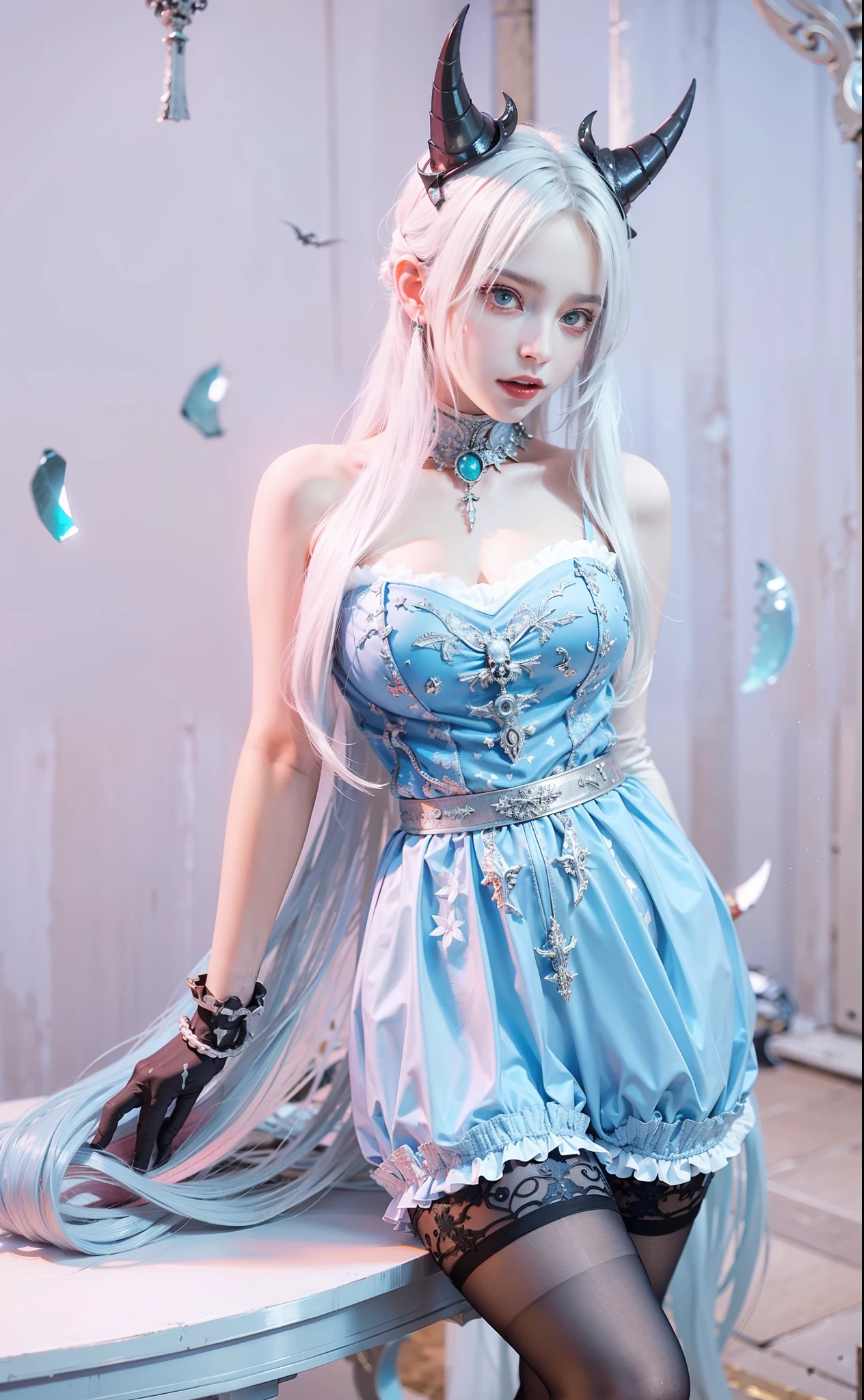 Cold Queen，Picture of box full of swords, wing, succubus theme，the fallen angel，Excellent，scary，secret terror，tentacle，have eyes，The Uncanny Valley effect，little beast blood moon，Skeleton skeleton，vampire，hell fire，White printed over-the-knee socks，black gloves，devil horns