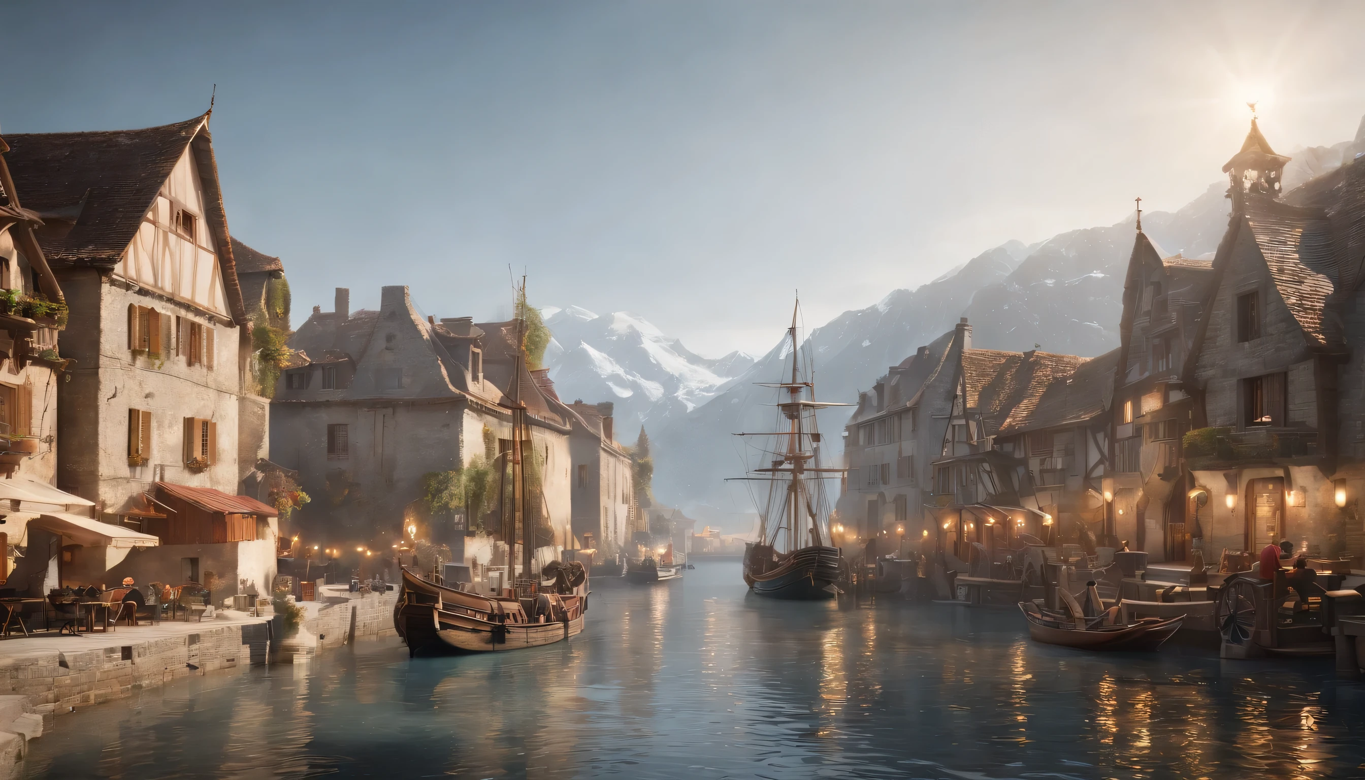 (Highly detailed CG Unity 8K wallpaper、masterpiece、highest quality、Super detailed)、(best lighting、best shadow、very delicate and beautiful)、highest quality、8K、Detailed facial depiction、masterpiece、highest quality、clear image quality、
Landscape photo showing a ship and old buildings flowing through an icy canal