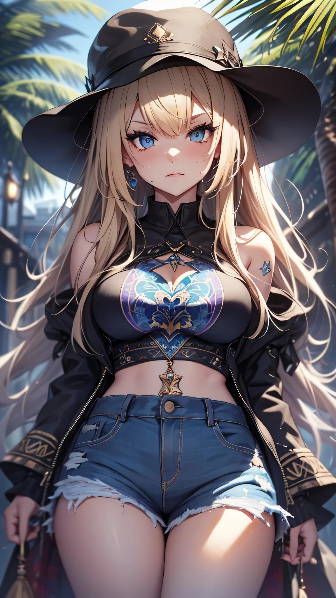 最high quality、best image quality、masterpiece、teenage girl((18-year-old、 By becoming、vest bust、medium bust,wide open breast tea、black eye, blonde hair、Habitual hair、long hair、thin,highest valley、blue shorts、Holding a plastic bottle、attractive face、heart tattoo、black aloha shirt、open your legs、sweating、base cap)),high quality、beautiful art、background((Hawaii、Waikiki、Palm tree、Hawaiiのホテル))debris flies、Depth of written boundary、movie、visual art、perfect art、8K,genuine