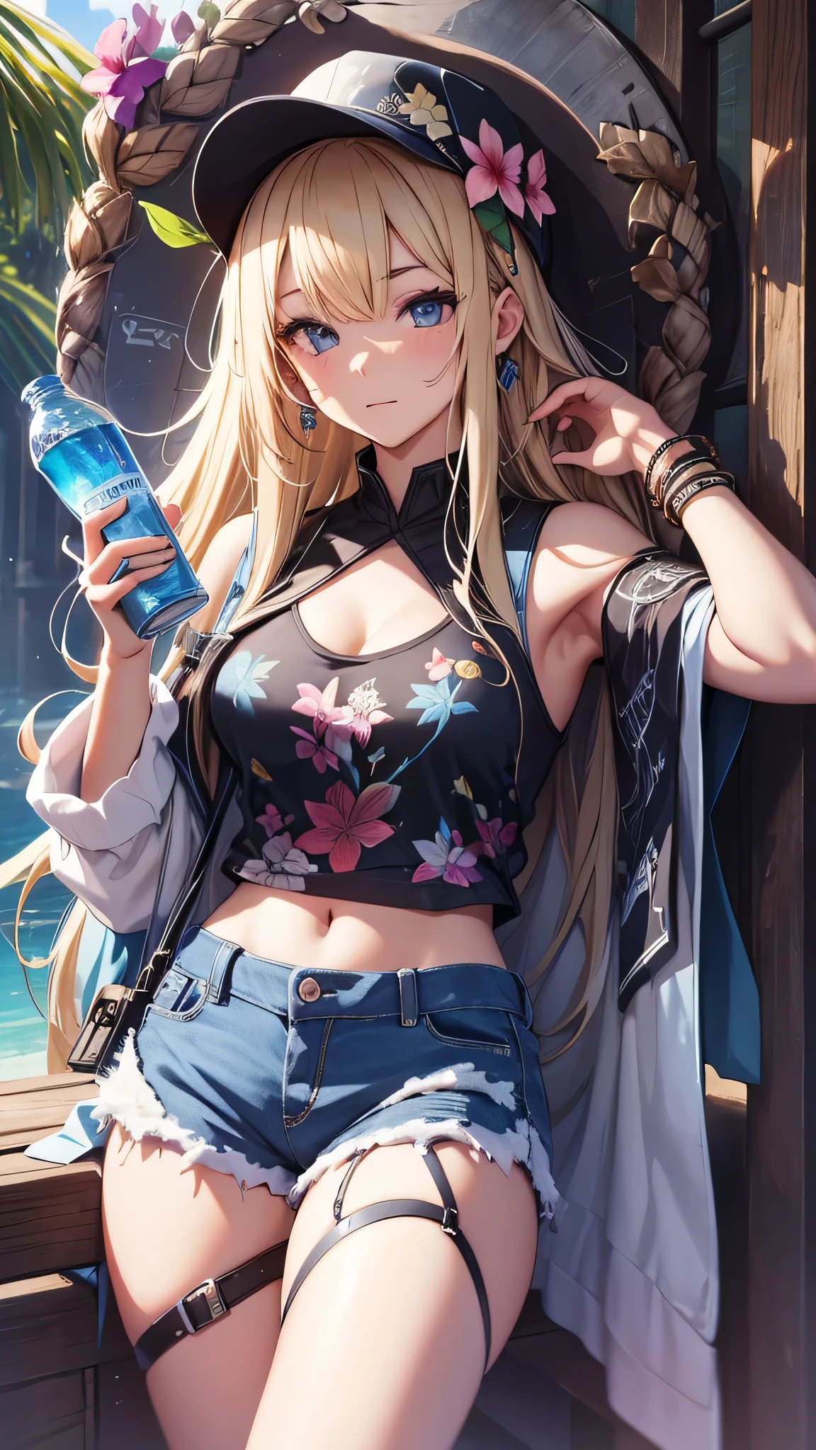 最high quality、best image quality、masterpiece、age girl((18-year-old、 By becoming、vest bust、medium bust,wide open breast tea、black eye, blonde hair、Habitual hair、long hair、thin,highest valley、blue shorts、Holding a plastic bottle、attractive face、heart tattoo、black aloha shirt、open your legs、sweating、base cap)),high quality、beautiful art、background((Hawaii、Waikiki、Palm tree、Hawaiiのホテル))debris flies、Depth of written boundary、movie、visual art、perfect art、8K,genuine
