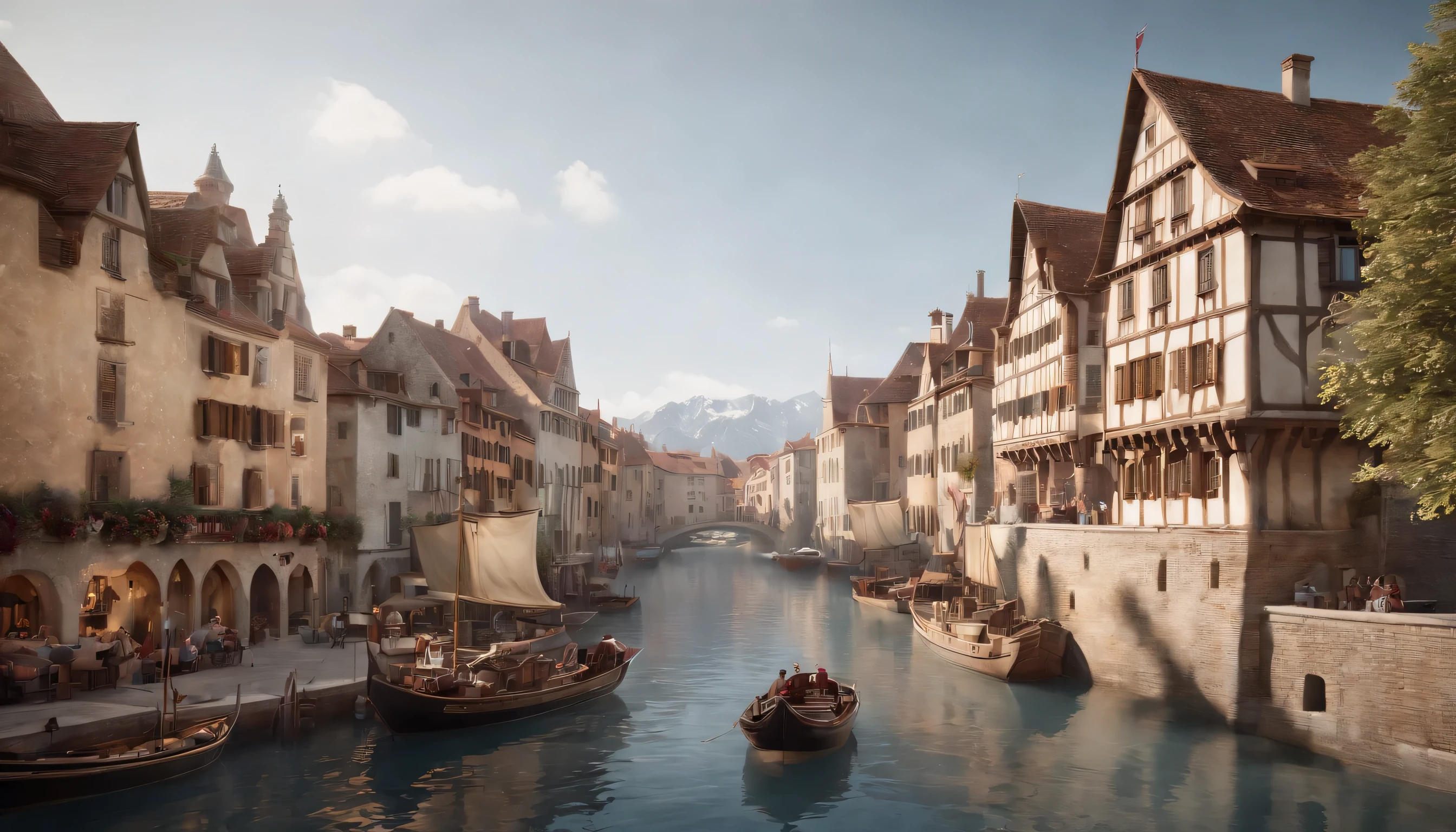 (Highly detailed CG Unity 8K wallpaper、masterpiece、highest quality、Super detailed)、(best lighting、best shadow、very delicate and beautiful)、highest quality、8K、Detailed facial depiction、masterpiece、highest quality、clear image quality、
Landscape photo showing a ship and old buildings flowing through an icy canal