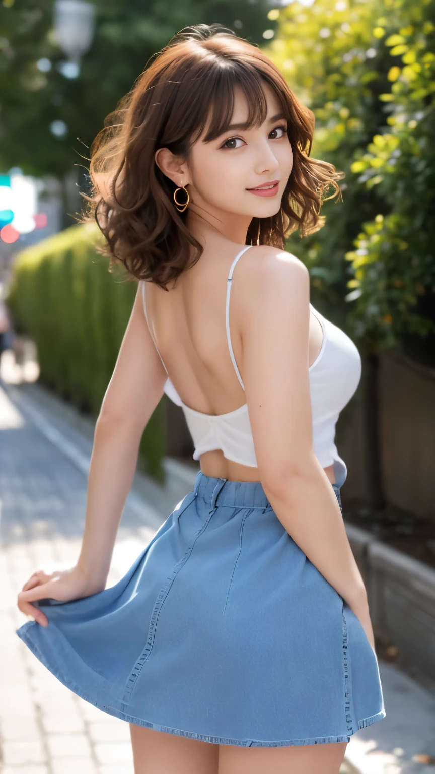 (8K、Raw photo、highest quality、Masseter muscle part:1.2)、super detailed、super resolution、(realistic、realistic pictures:1.37)、Portrait、High-definition RAW color photo、professional photography、hvery detailed and beautiful、very detailed、8k wallpaper、amazing details、huge file size、official art、Hvery detailed CG Unity 8k wallpaper、hvery detailed beautiful girl、very detailed顔、very detailed目、very detailed肌、very fine fingers、hvery detailed nose、very detailed詳細な口、perfect anatomy、hvery detailed back ground、Hvery detailed clothing、1 girl、(18:1.2)、Ten generations、cute、famous japanese idol、cute、realistic body、、white skin、glowing skin、Because I'm slender、handsome body、brown hair、curly short curly hair、(dull bangs:1.2)、laughter、cute、zora々right、cute faces、lifelike face、delicate eyes、ordering sauce、skirt、earrings、look at the camera、cowboy shot、positive、Are standing、contrapo, high street, public, dynamic lighting,short hair