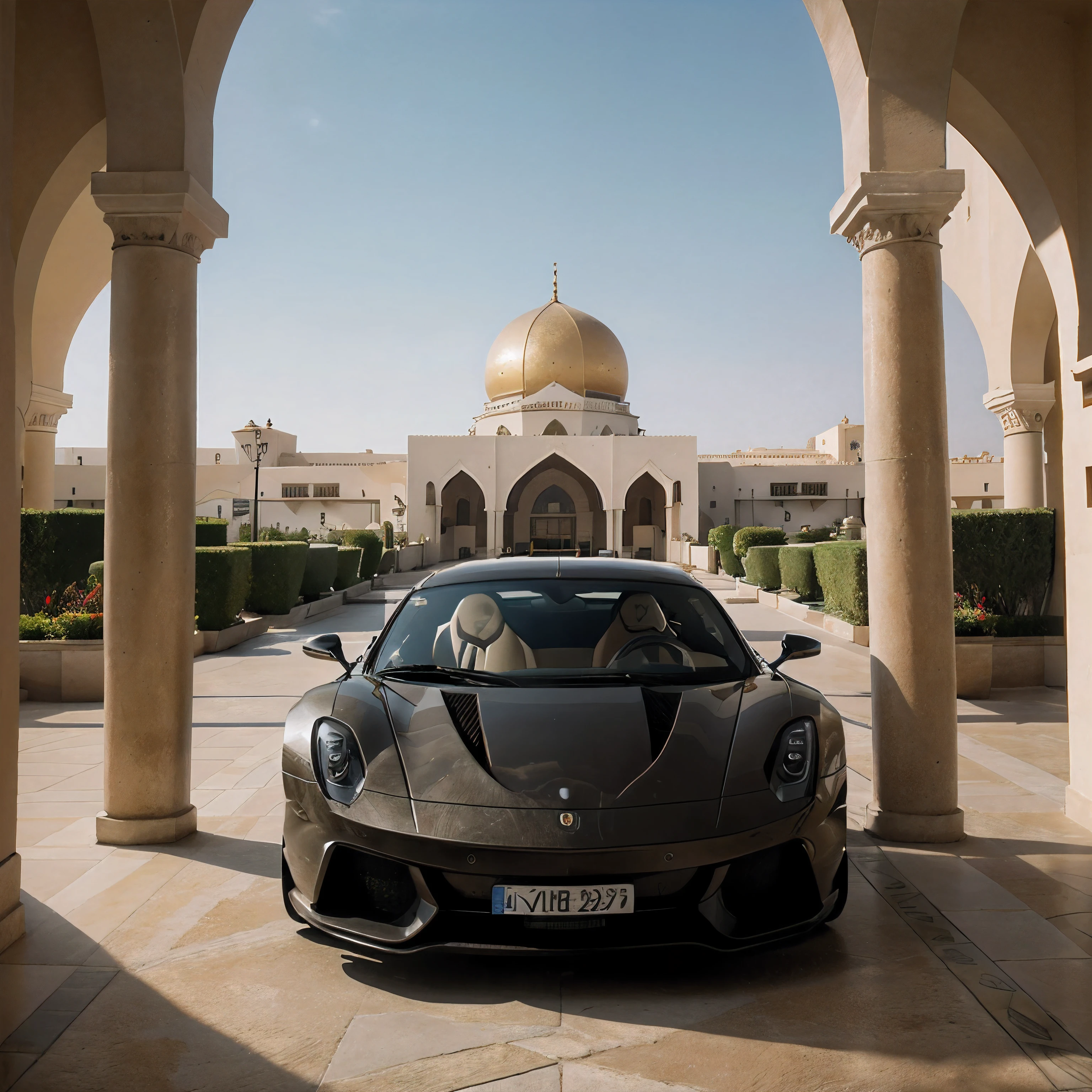 A realistic landscape shot of an enormous royal Arabian hotel in , sport exotic cars parked outside, broad daylight, cinematic shot