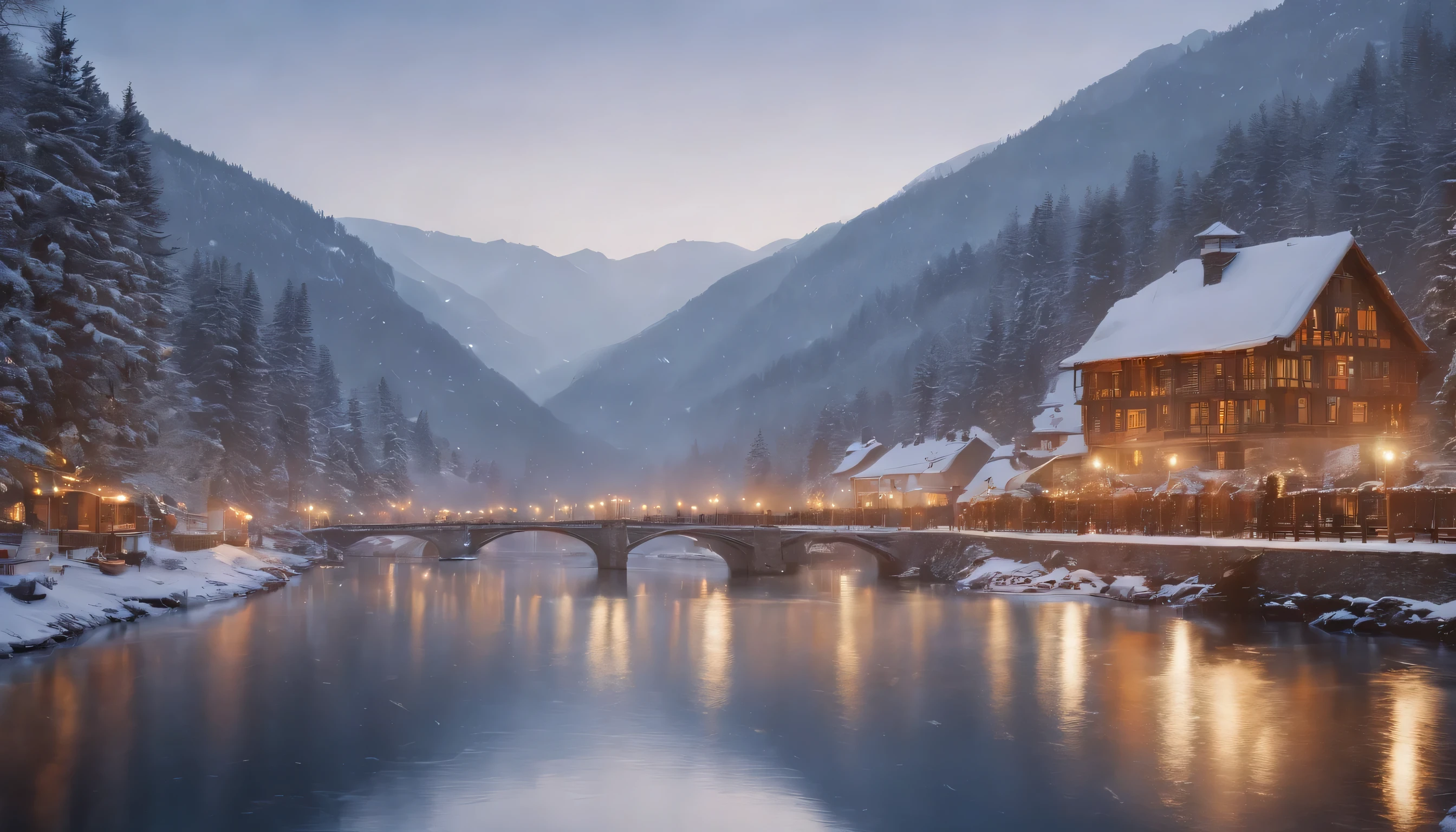 (Highly detailed CG Unity 8K wallpaper、masterpiece、highest quality、Super detailed)、(best lighting、best shadow、very delicate and beautiful)、highest quality、8K、Detailed facial depiction、masterpiece、highest quality、clear image quality、
Photo of a winter cityscape along a river with a romantic bridge
