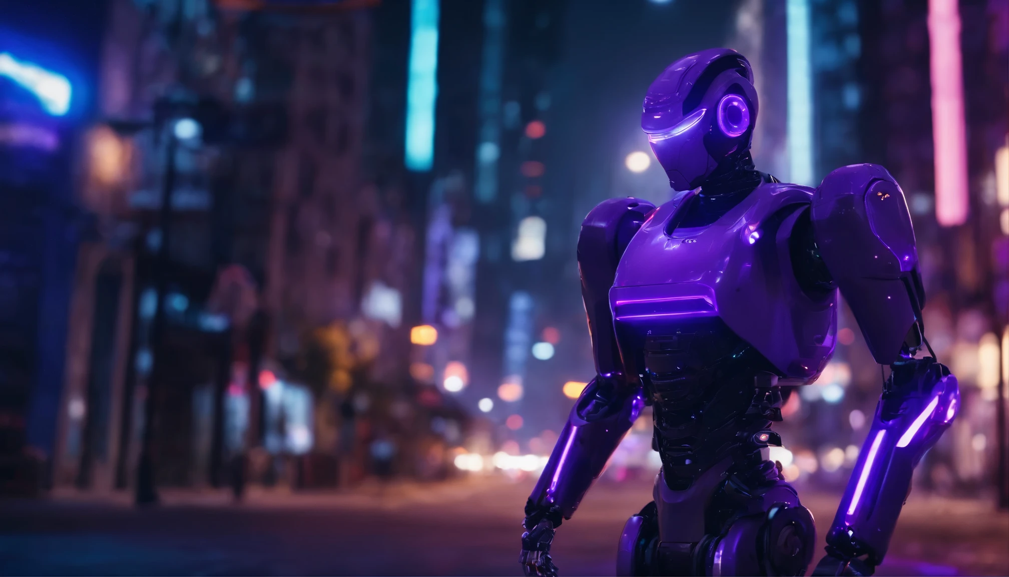 8k,robot,full body portrait,Purple lights and buildings in the background