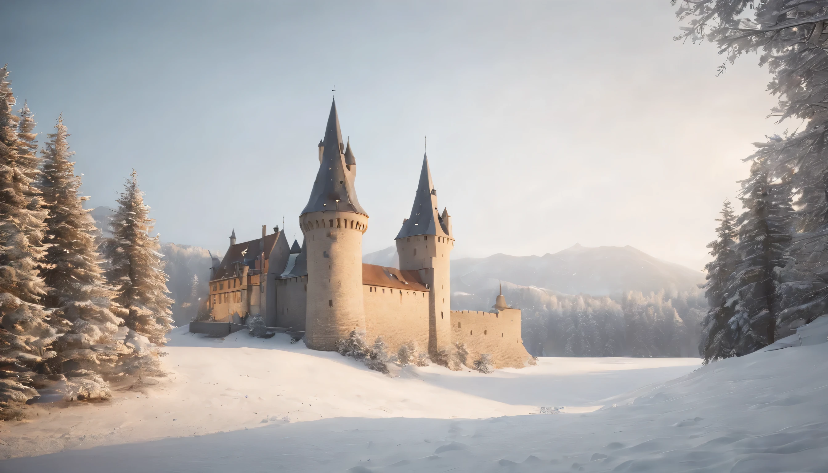 (Highly detailed CG Unity 8K wallpaper、masterpiece、highest quality、Super detailed)、(best lighting、best shadow、very delicate and beautiful)、highest quality、8K、Detailed facial depiction、masterpiece、highest quality、clear image quality、
Photo of medieval castle walls and towers in a snowy landscape